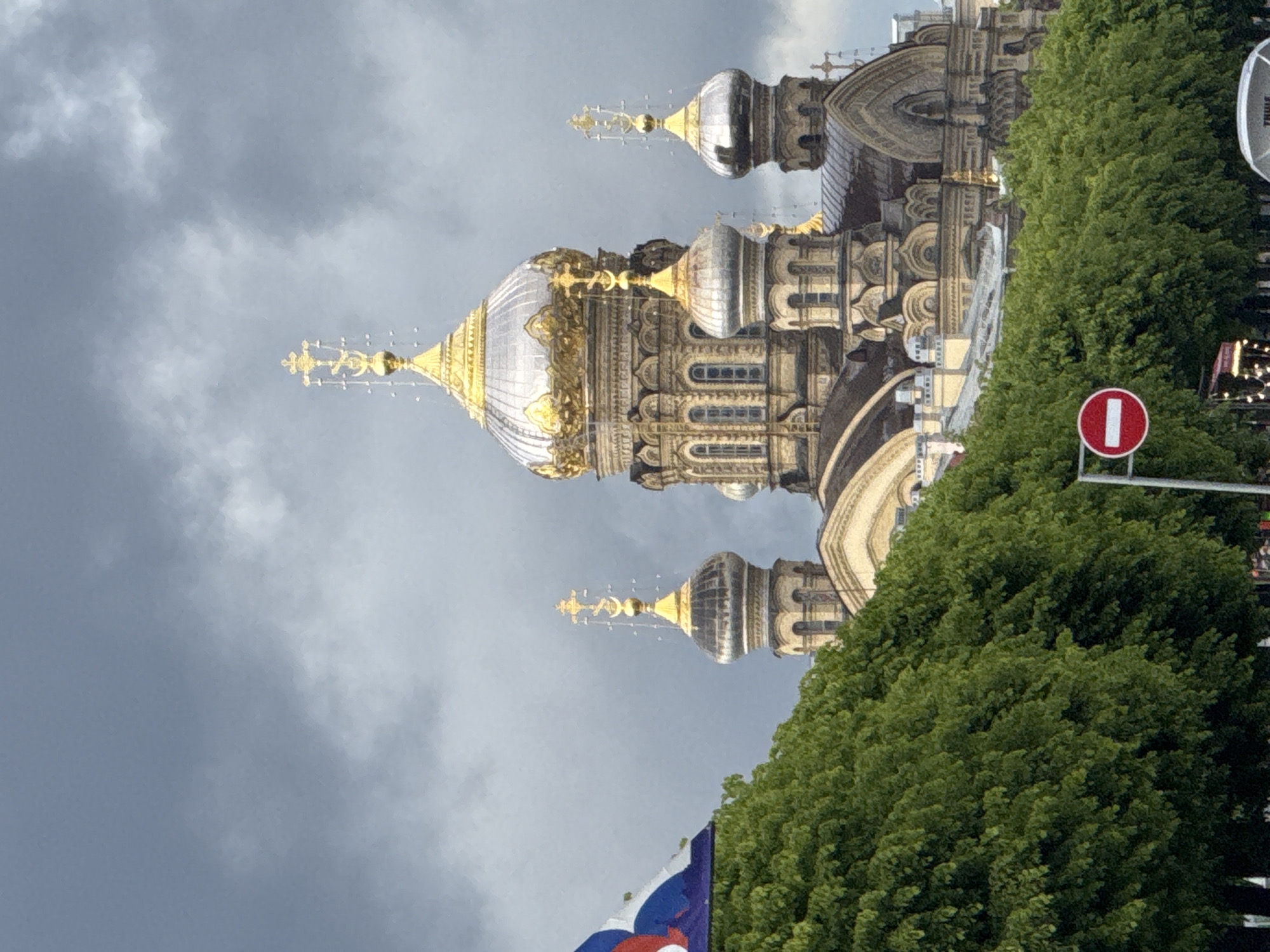 Orthodox church and icebreaker Krasin spotted under overcast skies