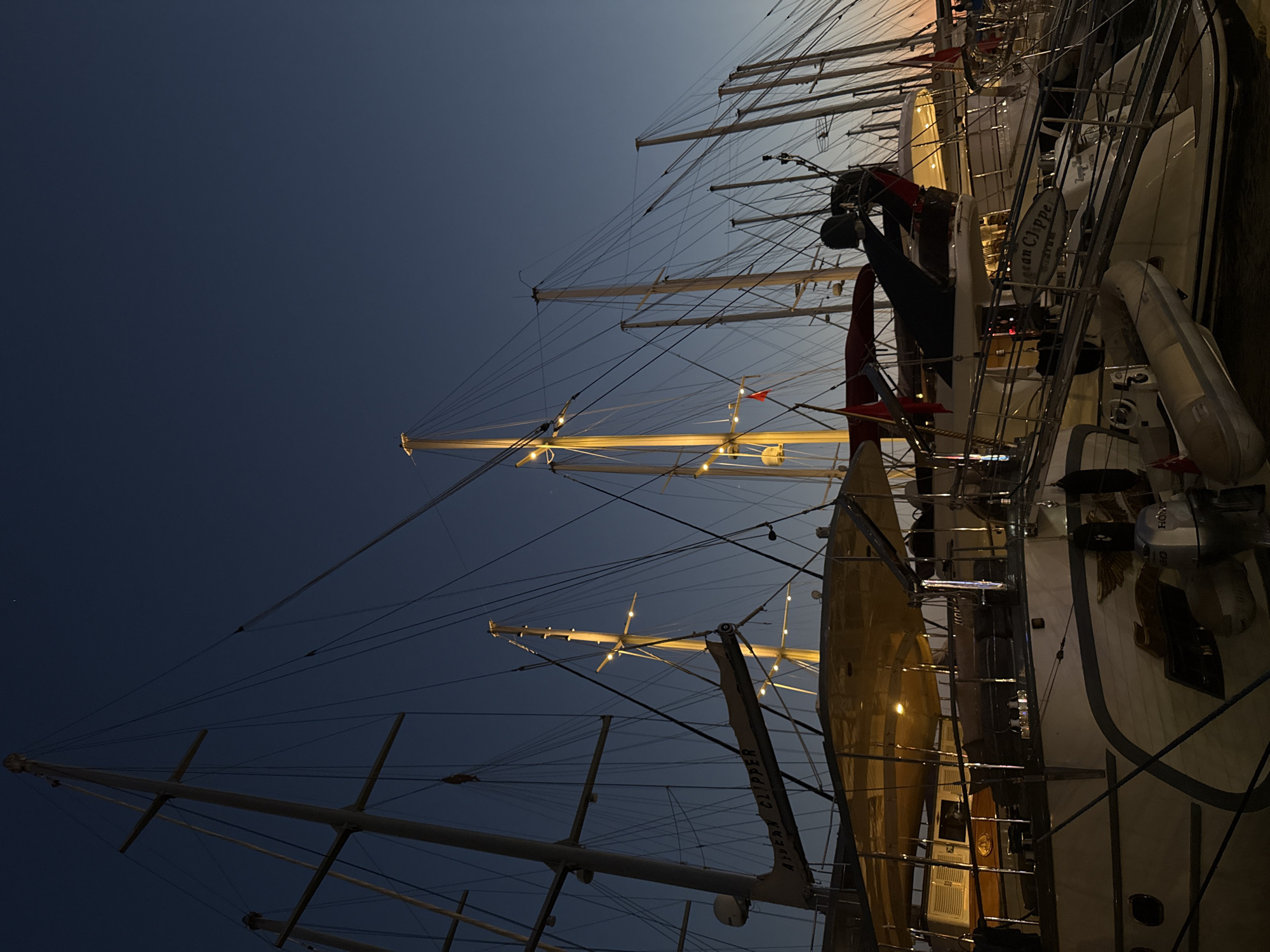 Bodrum harbor at dusk, boats lit up along the quay