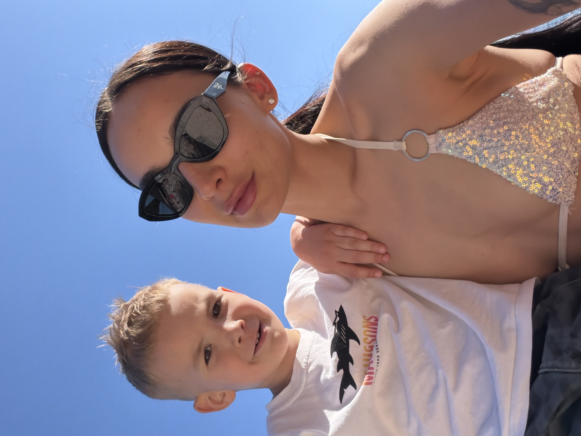 Mother and child enjoy seaside outing in Kostrena, Croatia