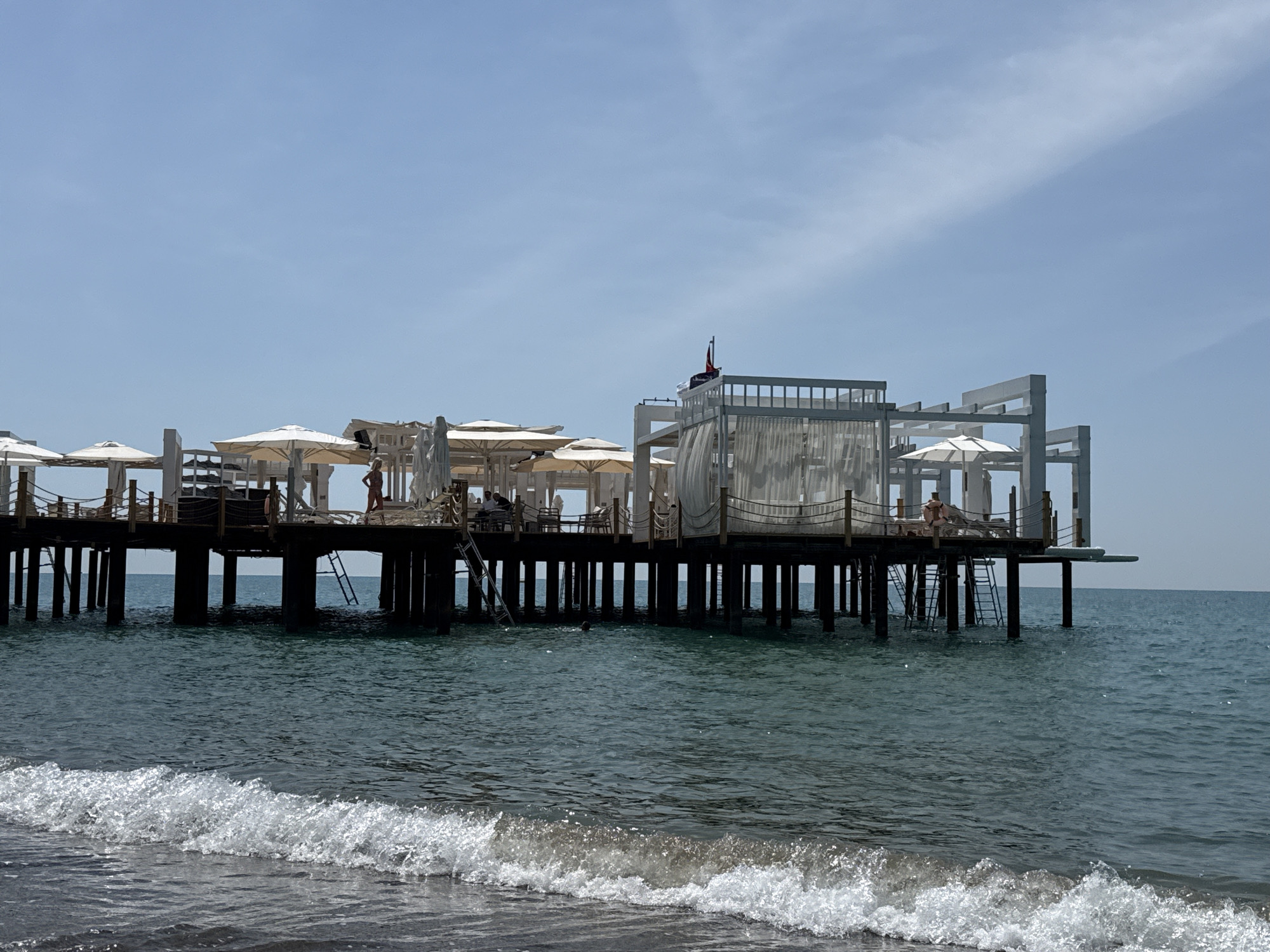 Pier with umbrellas and lounge chairs documented in Serik