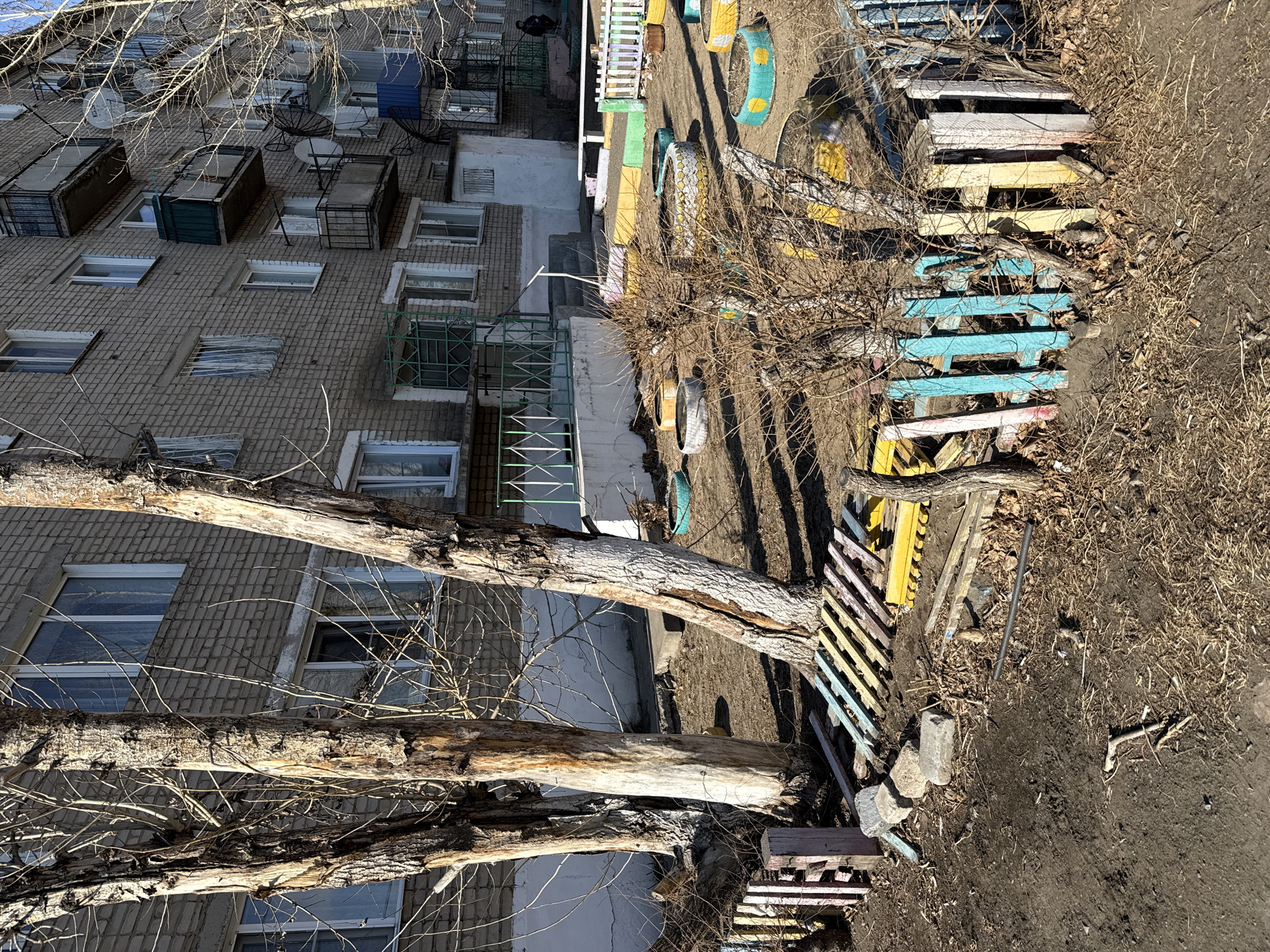 Aerial view captured of apartment courtyard in Borzya, Russia