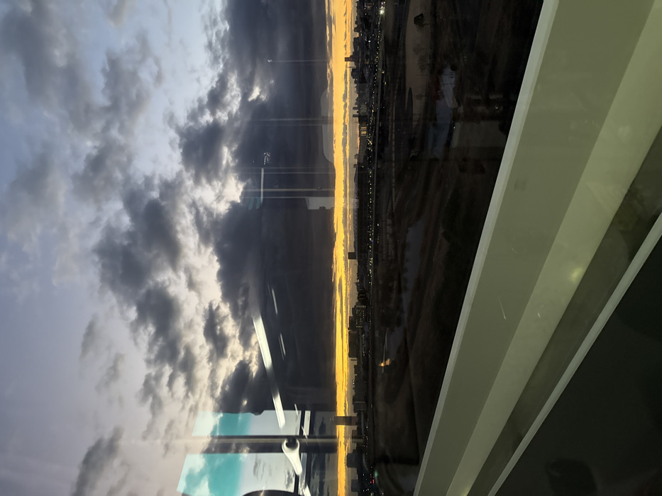 Dusk cityscape observed through window in Yokohama, Japan