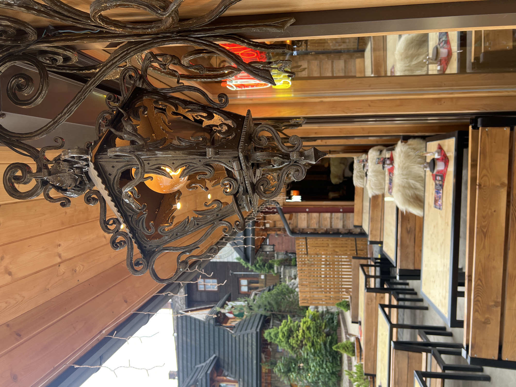 Rustic wooden café terrace in the Polish mountain town of Zakopane