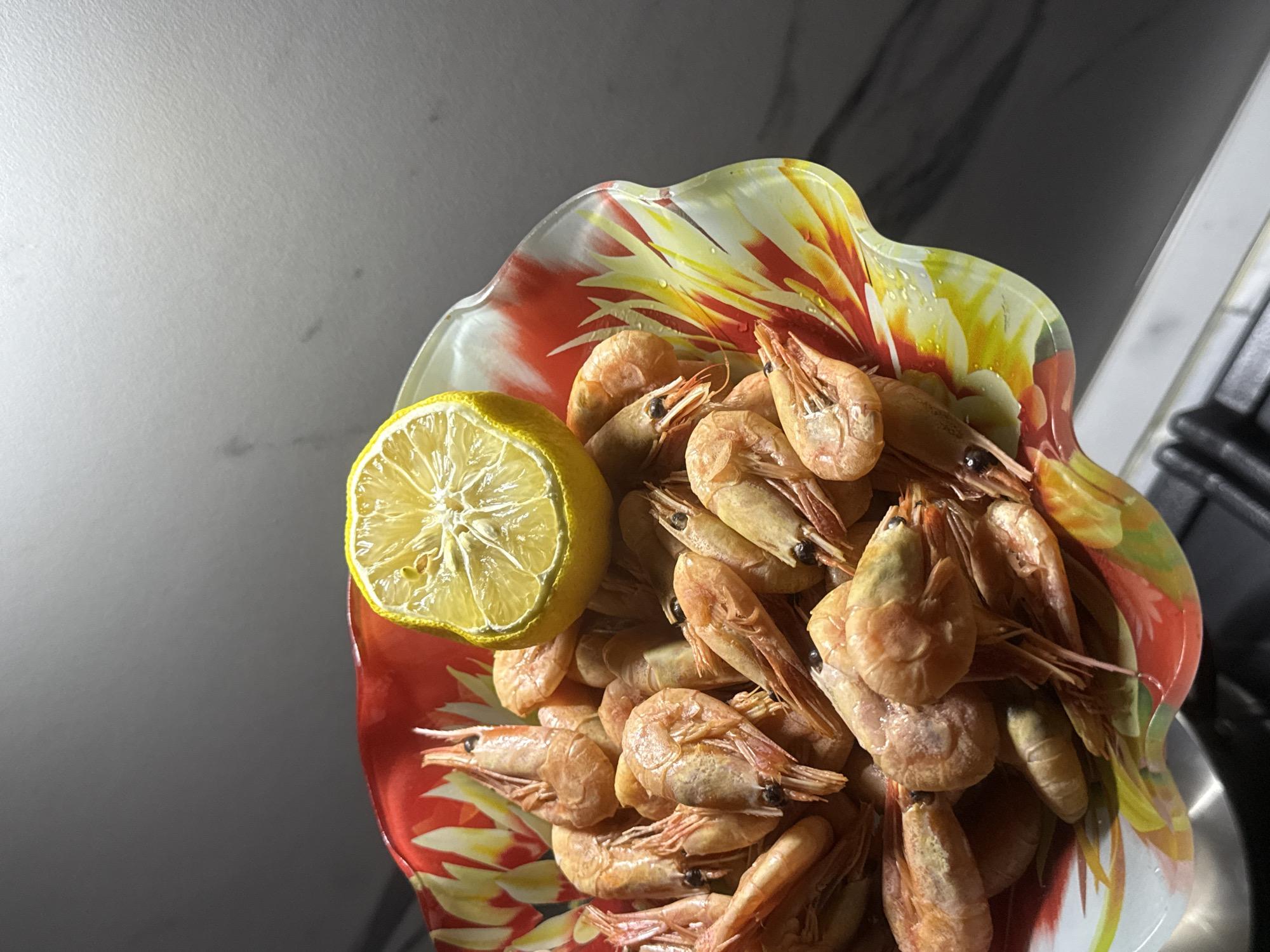 Shrimp frying at home while a storm rolls in outside