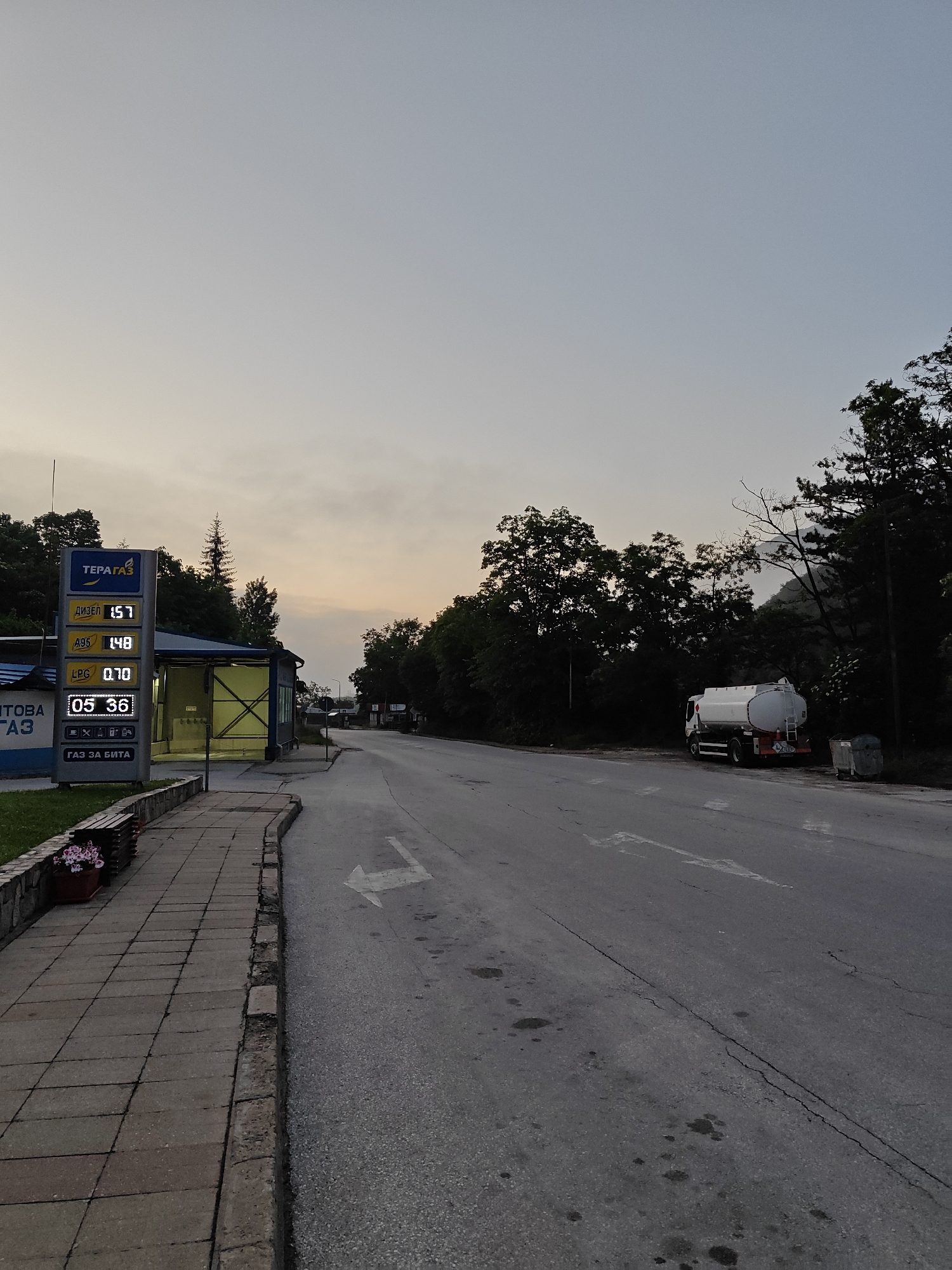 Twilight scene captured at Smolyan gas station in Bulgaria