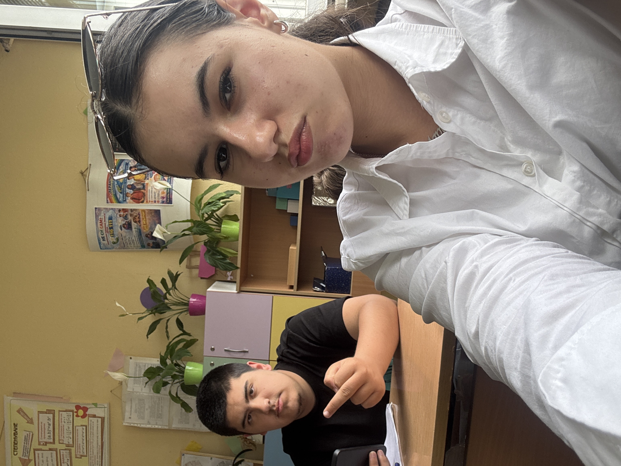 Students take selfies in Bulgarian classroom