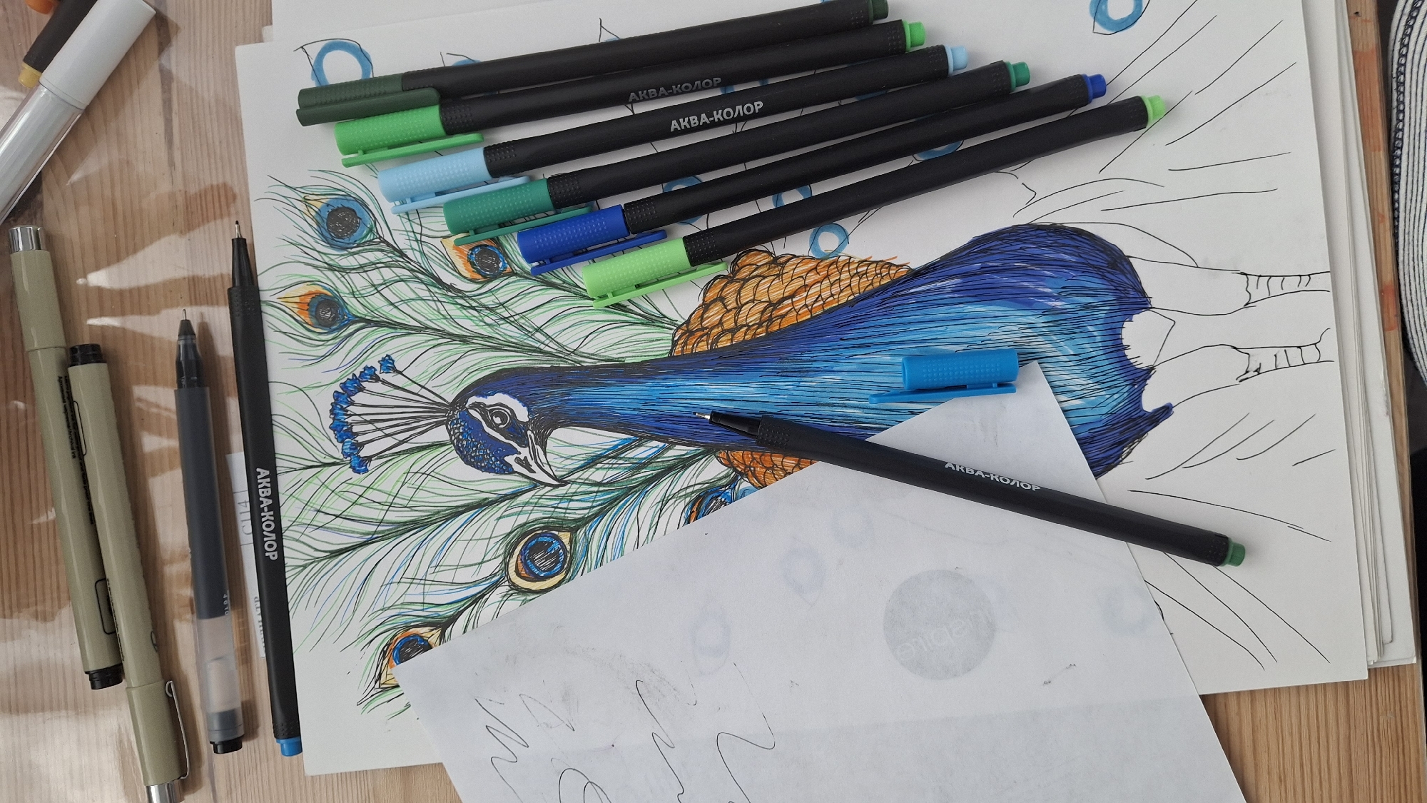 Artist creates detailed peacock drawing in Kempelevo, Russia