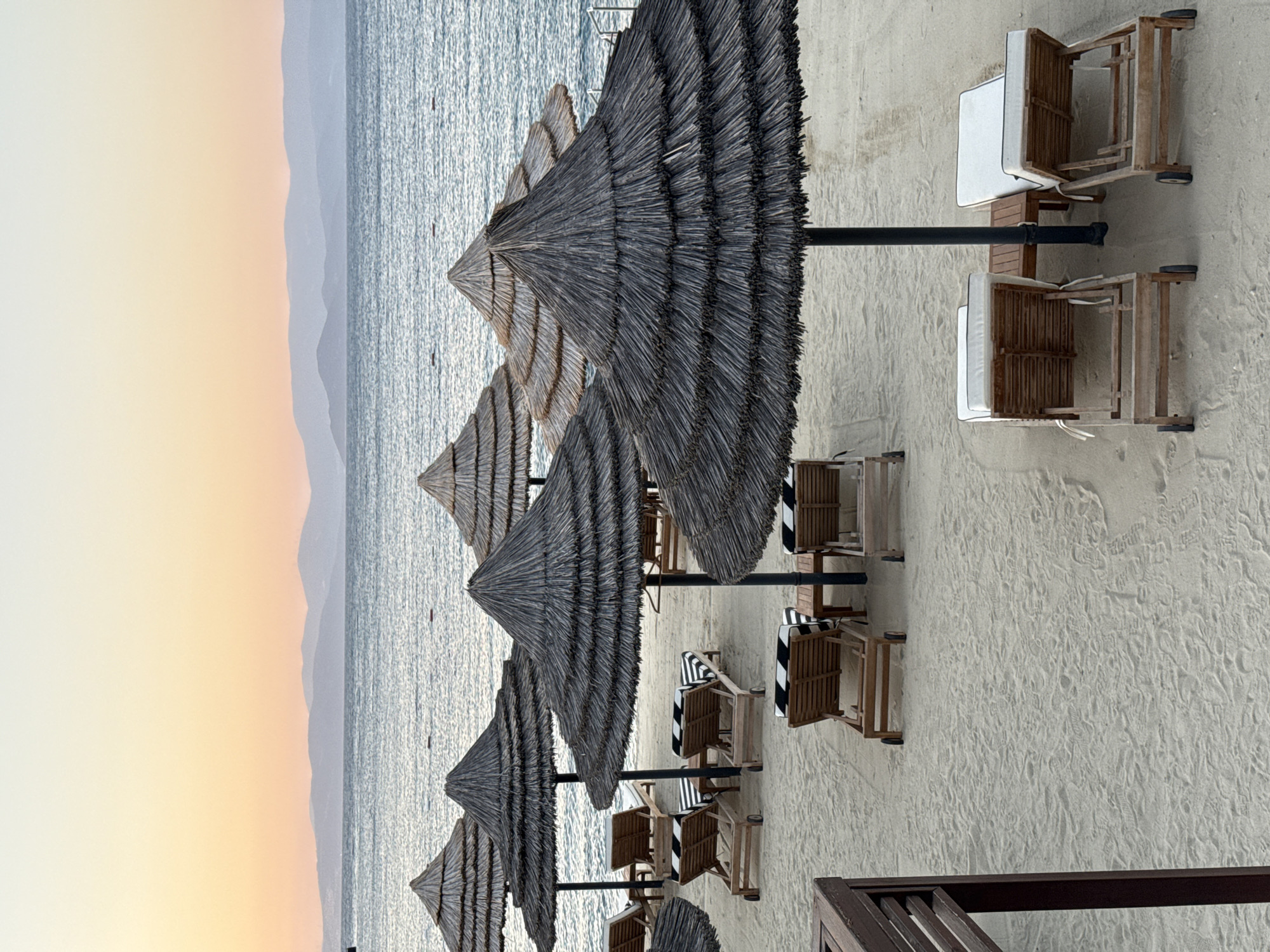 Golden hour beach scene in Bodrum with umbrellas and bougainvillea
