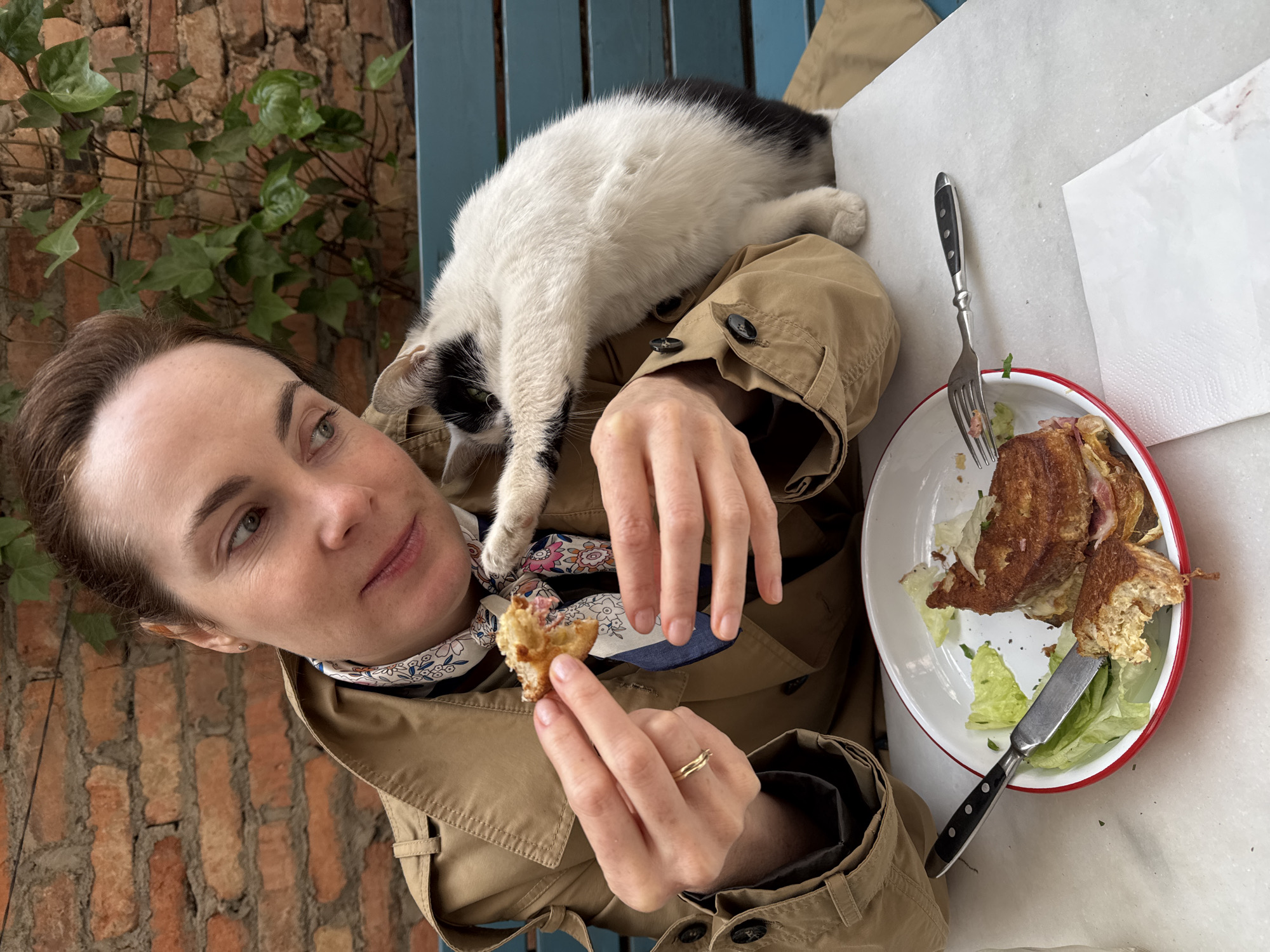Woman shares breakfast with cat at Tbilisi cafe