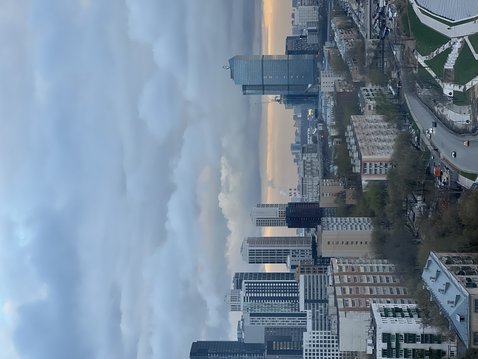 Aerial views capture Khimki cityscape under cloudy skies
