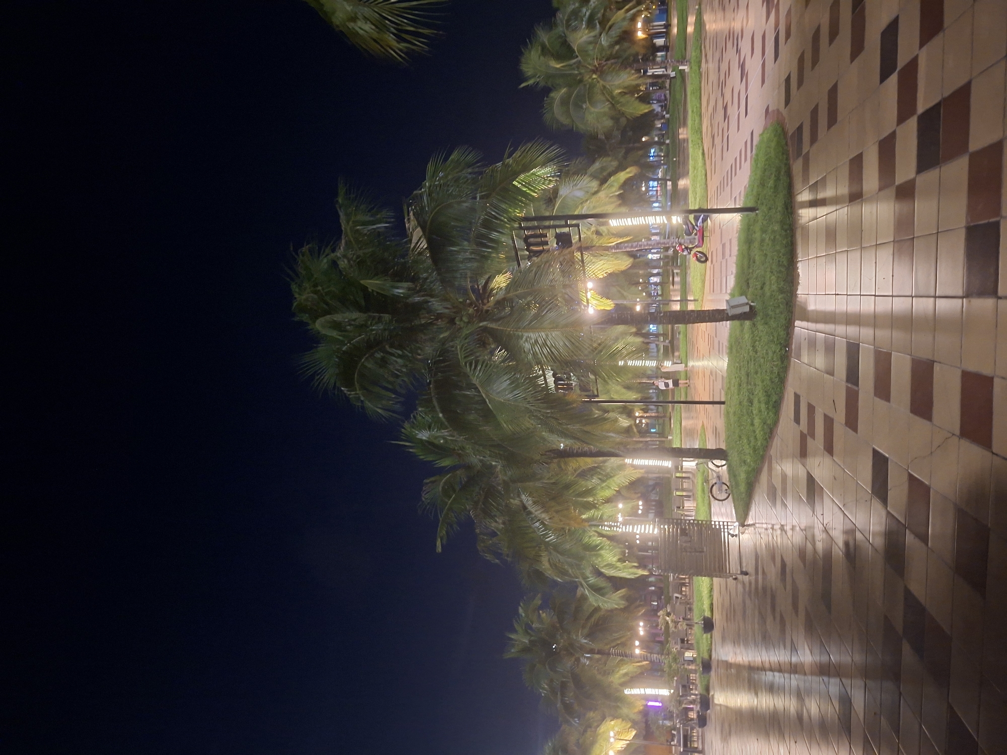 Beachfront at dusk: ocean sunsets, palm plazas, and a hotel at night
