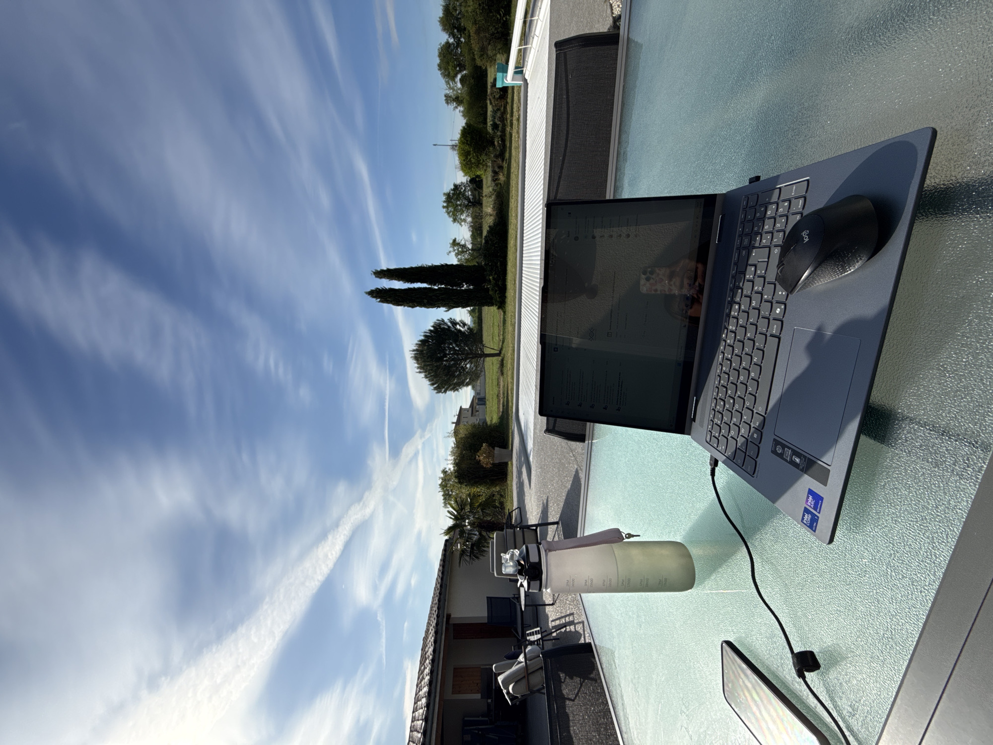 Woman works outdoors with laptop, cat nearby in French backyard