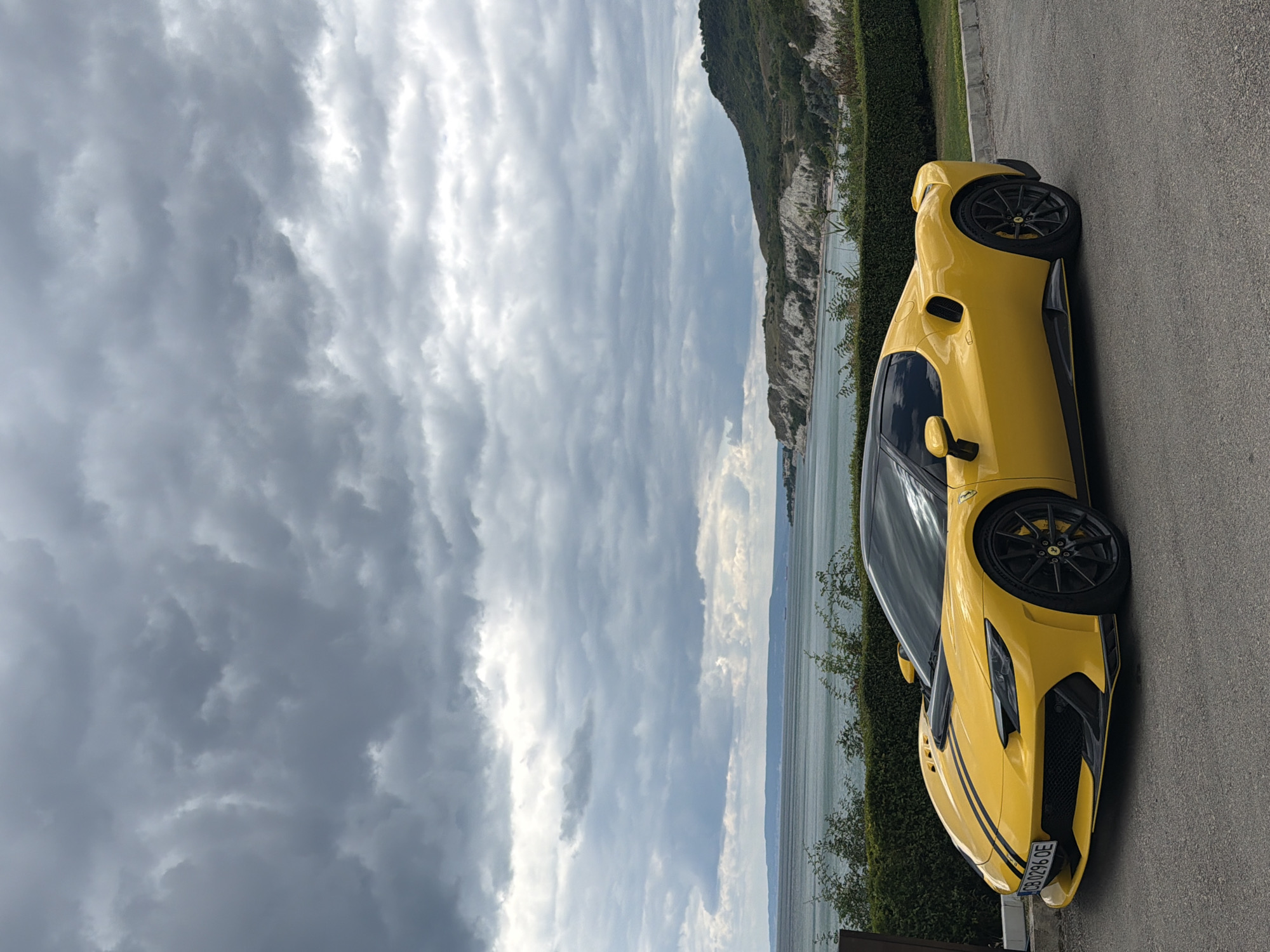 Yellow Ferrari parked by the Bulgarian Black Sea coast