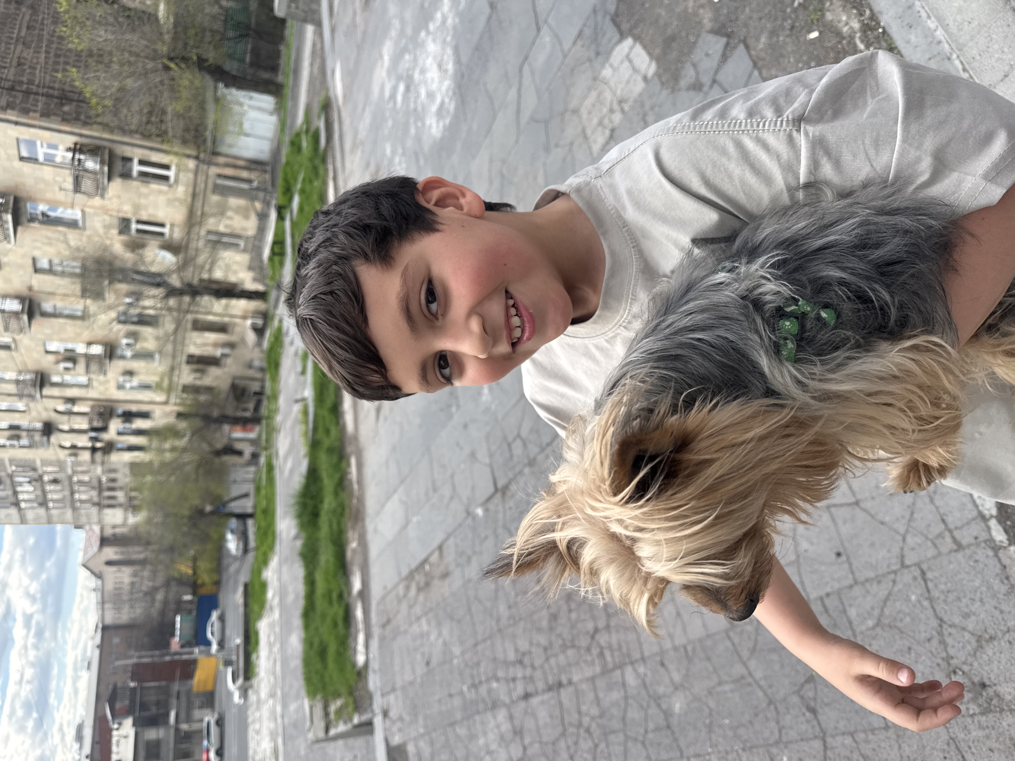 Boy walks Yorkshire Terrier in downtown Yerevan