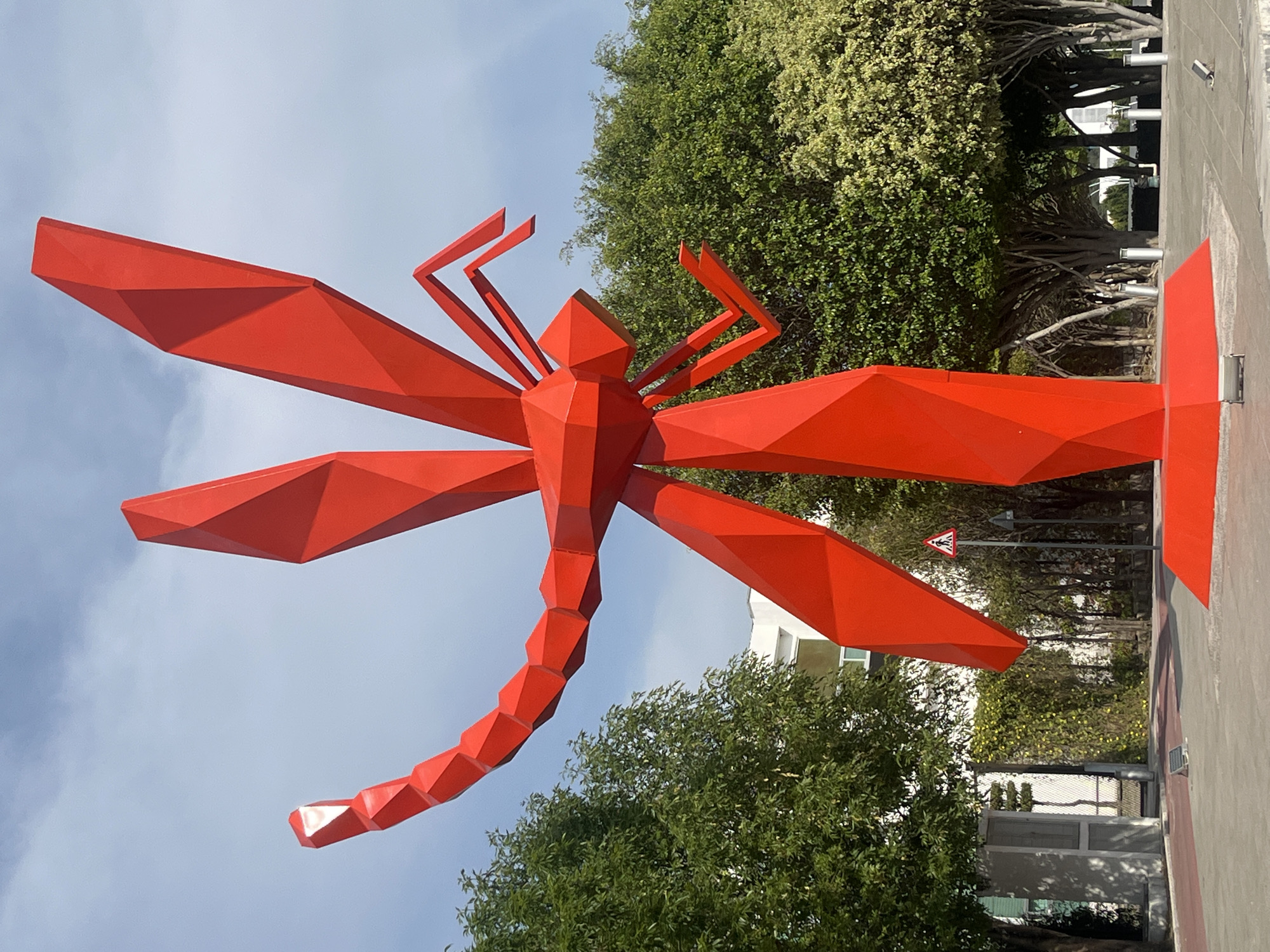 Red dragonfly sculpture and modern building documented by witness