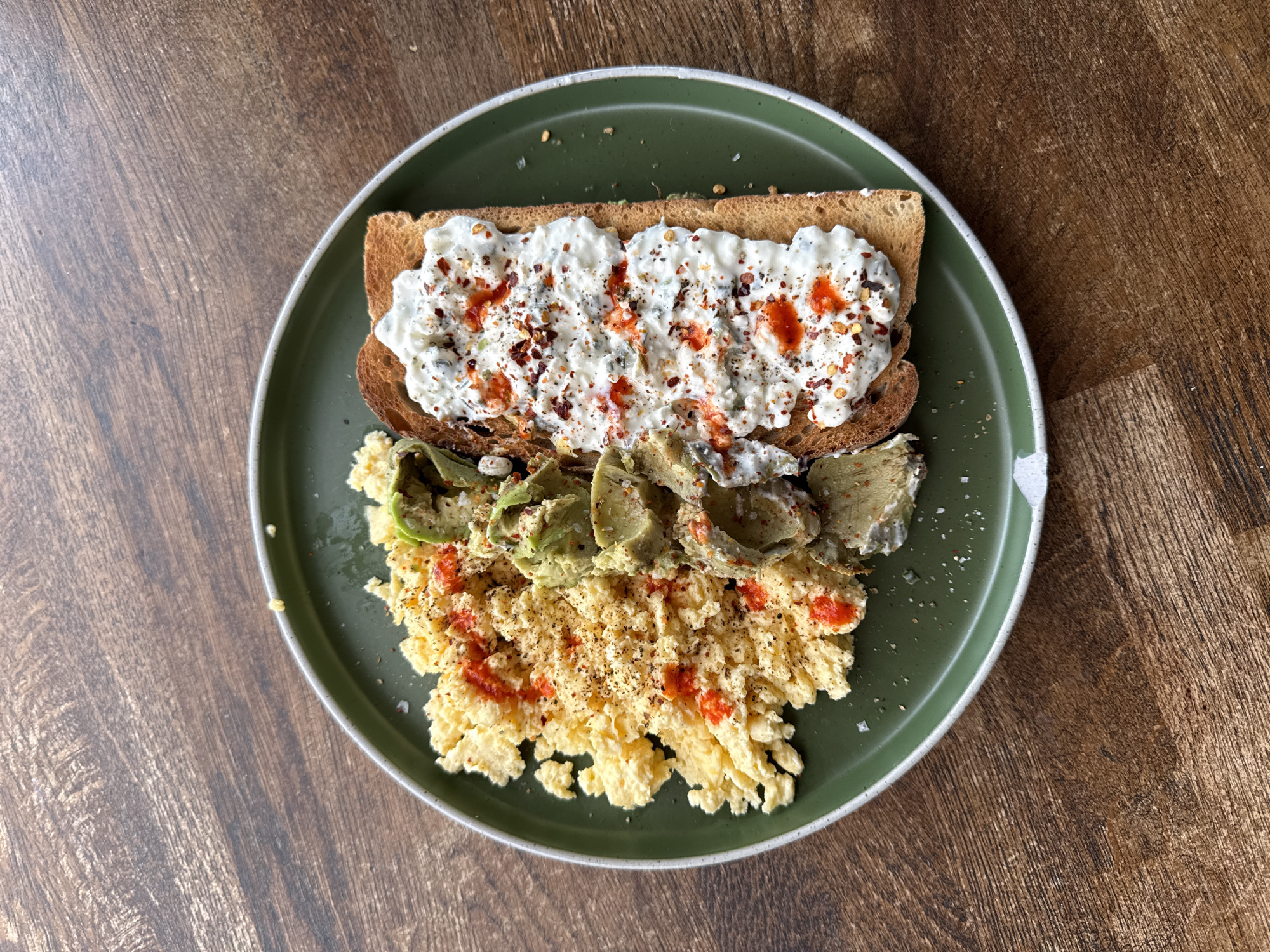 Lunch documented in Stotfold features seasoned toast on green plate