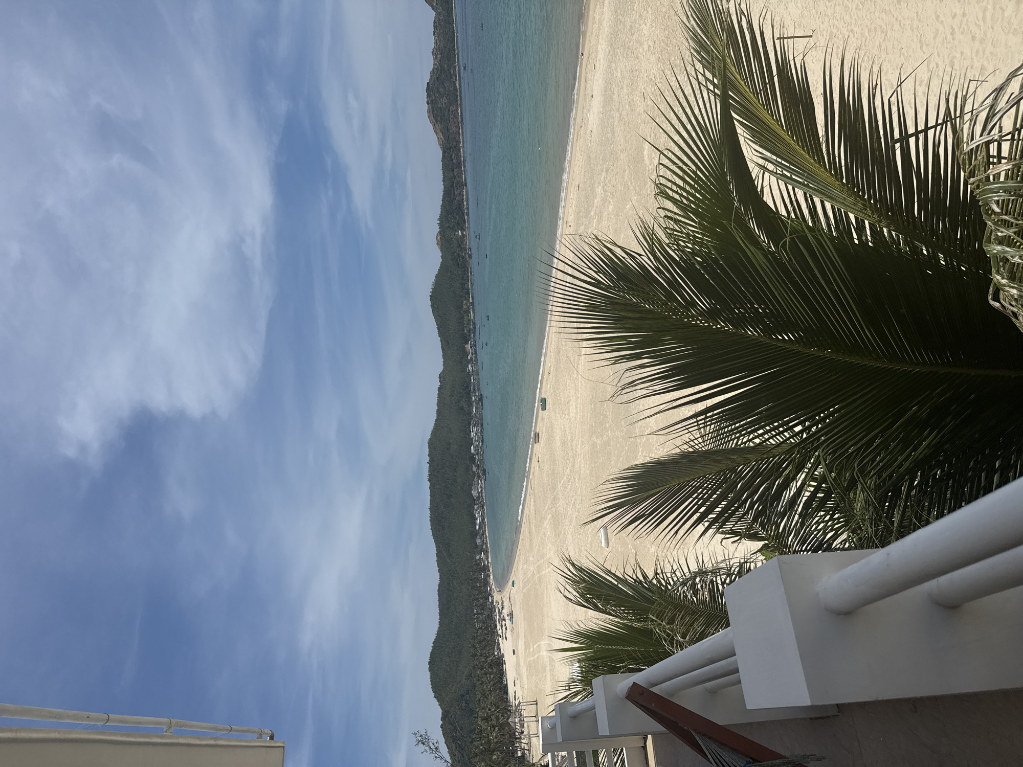 Calm turquoise beach viewed through palm fronds from a balcony