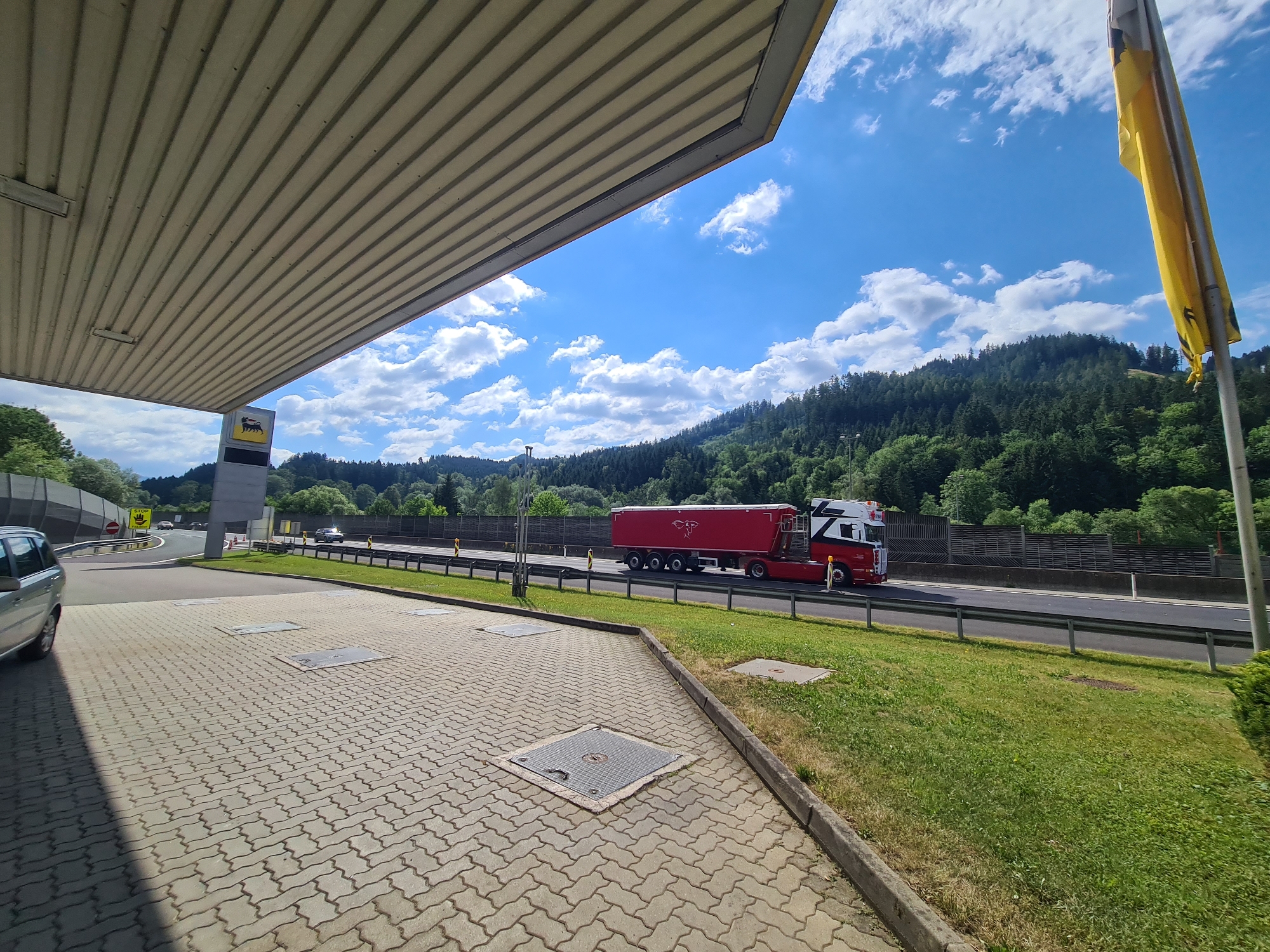 Highway stop in the Austrian Alps on a clear summer morning