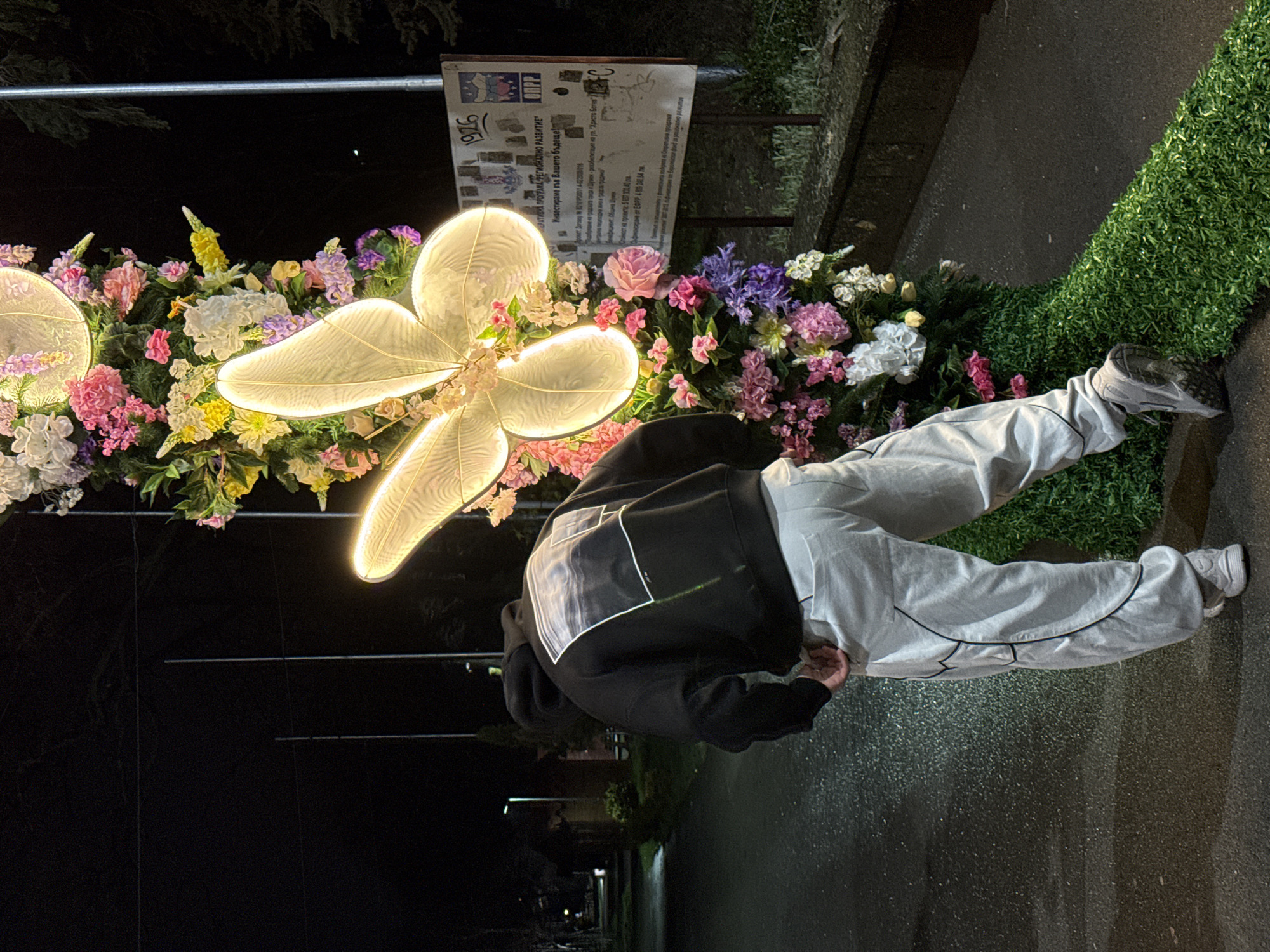 Person visits illuminated flower display on Shumen street