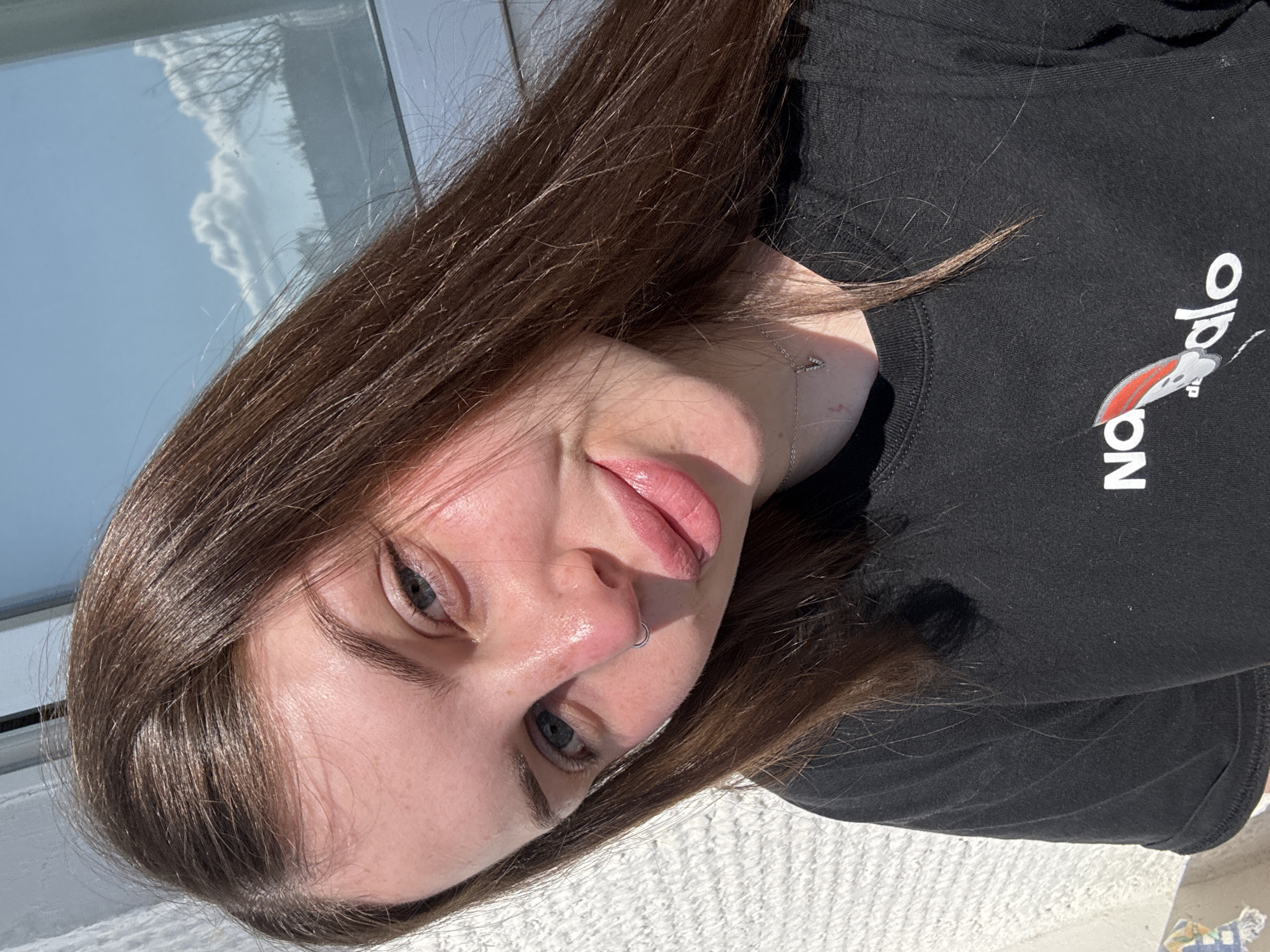 Woman photographed in multiple selfies in Chornomorskoe, Ukraine