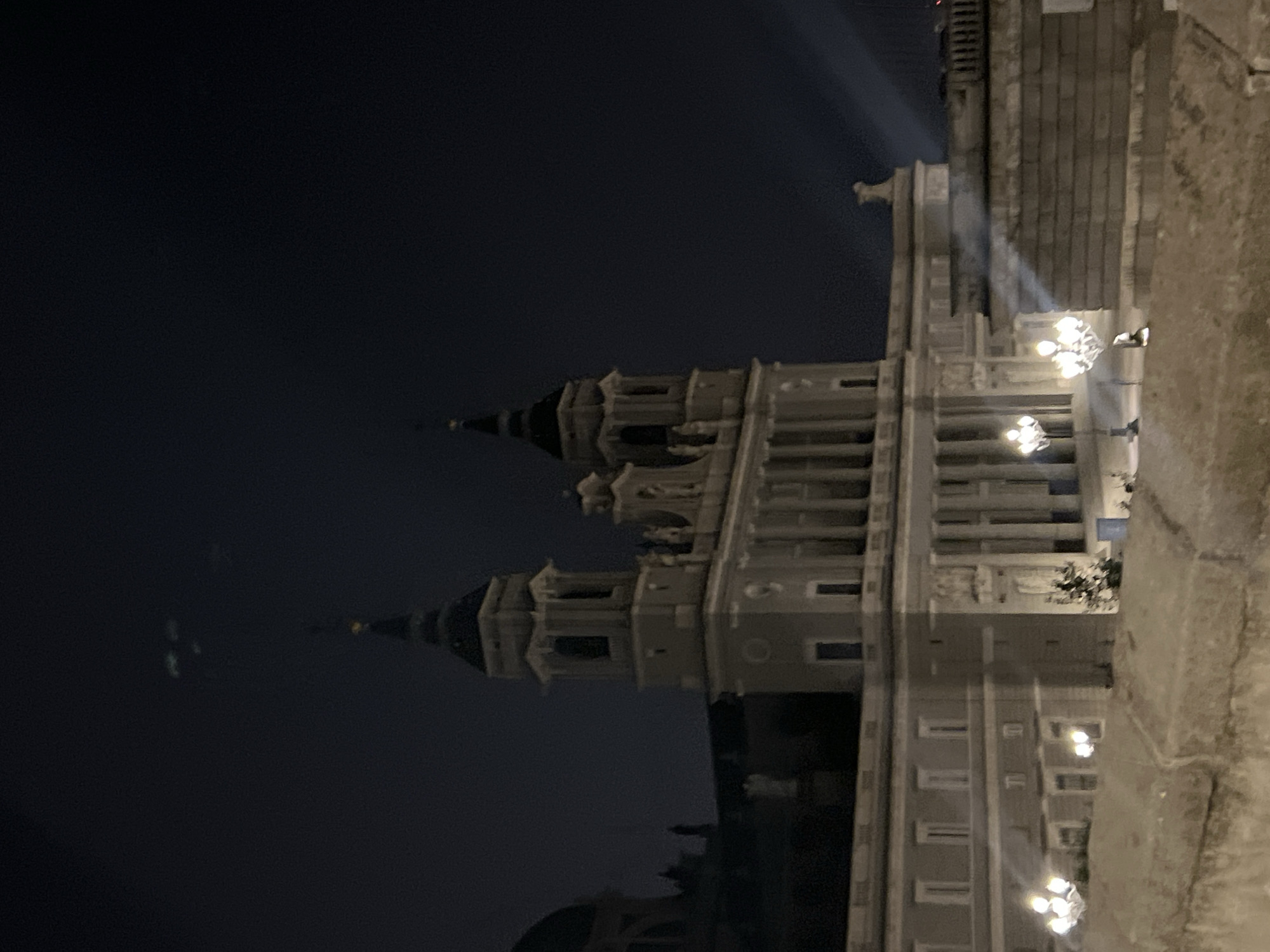 Almudena Cathedral glowing under night lights in Madrid