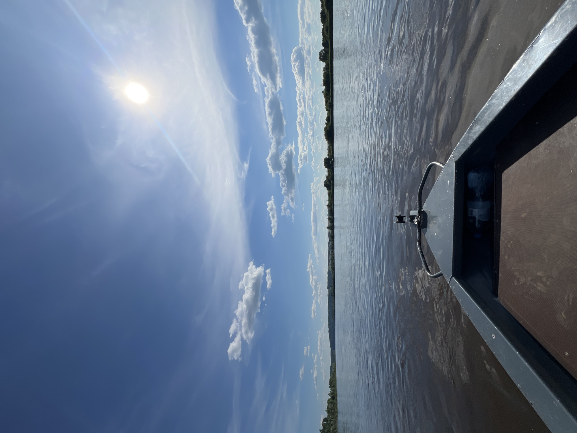 Motorboat cruising a calm, tree-lined river on a sunny day