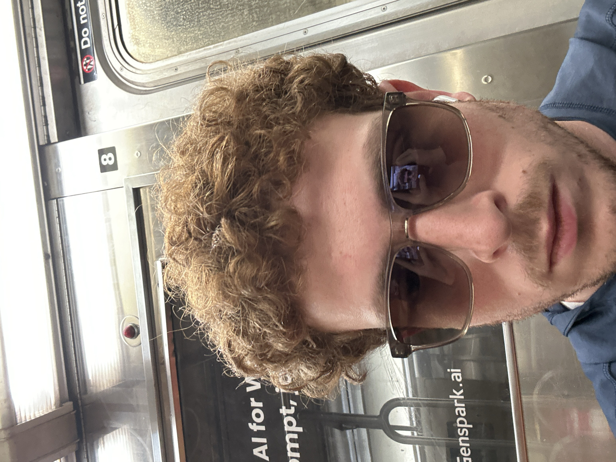 Portrait photo captures person in sunglasses, blue shirt in NYC