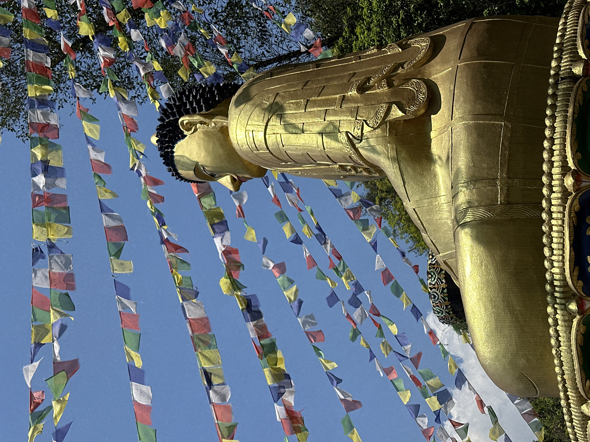 Golden Buddha statue with prayer flags observed in Pokhara