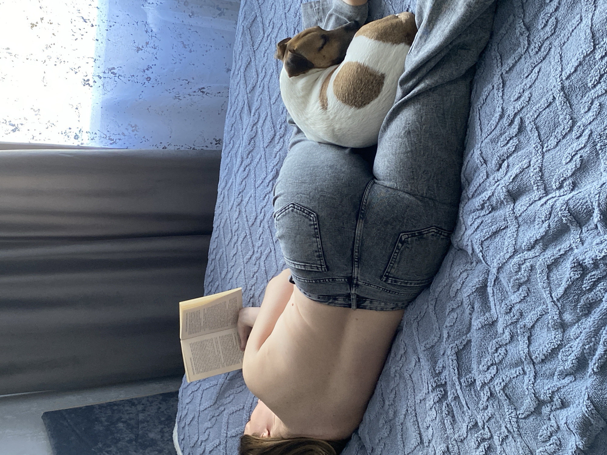 Early morning reading session with dog companion in Noviy