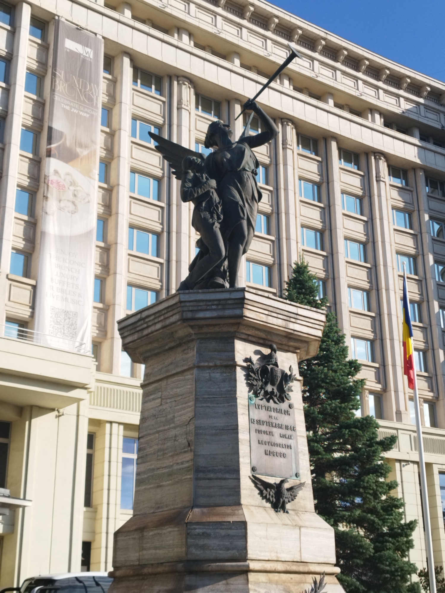 Bronze monument outside JW Marriott Bucharest