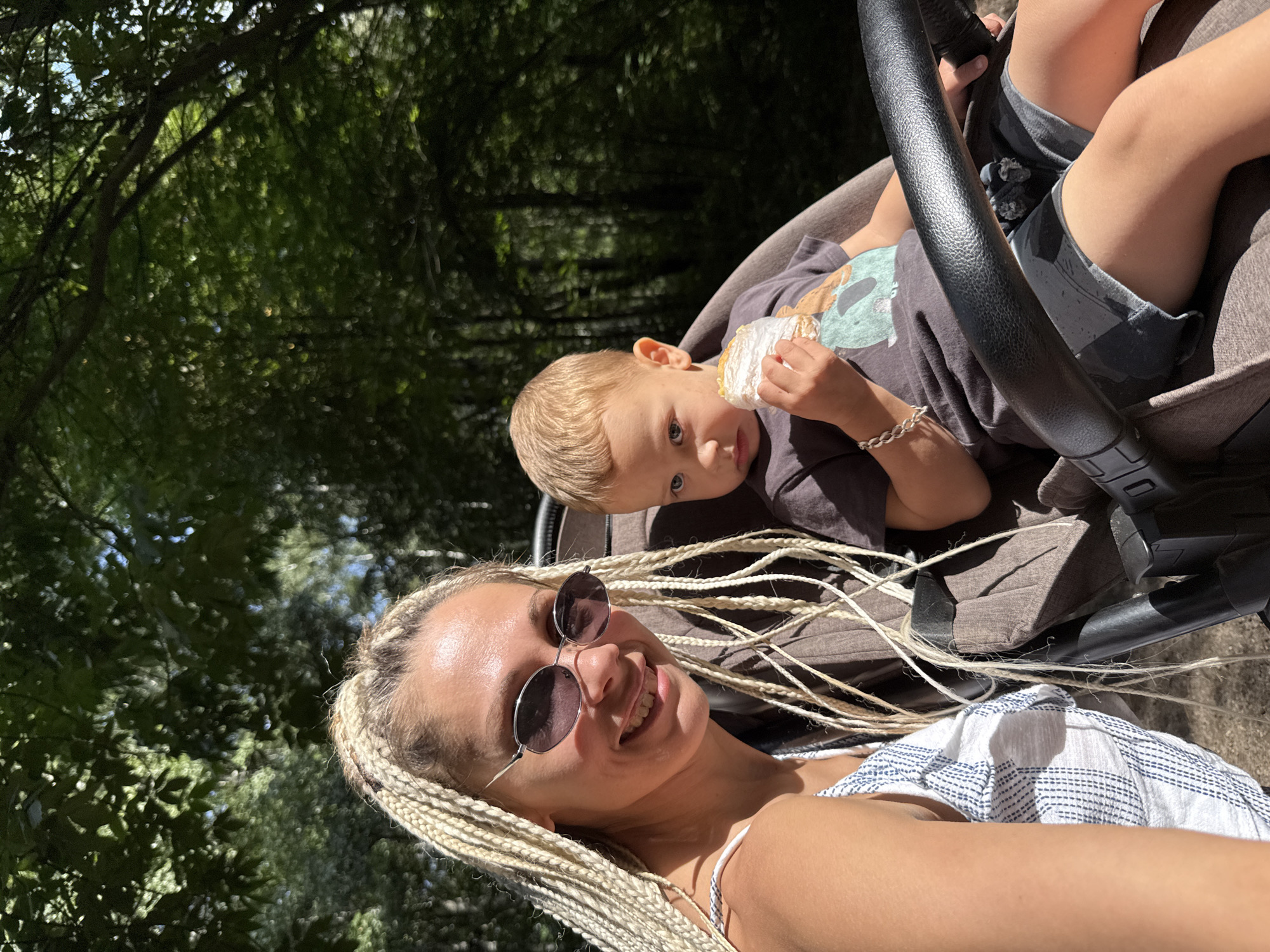 Sunny stroller outing through the forests of Rusanovo