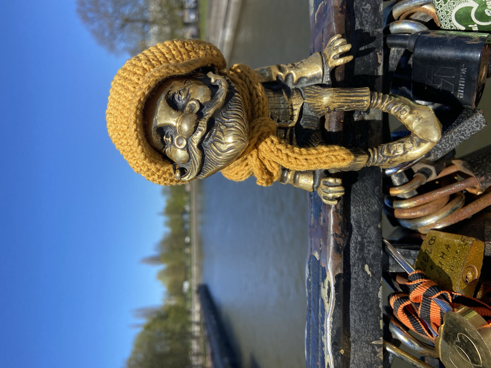 Kaliningrad's decorative gnome spotted on sunny waterfront bridge