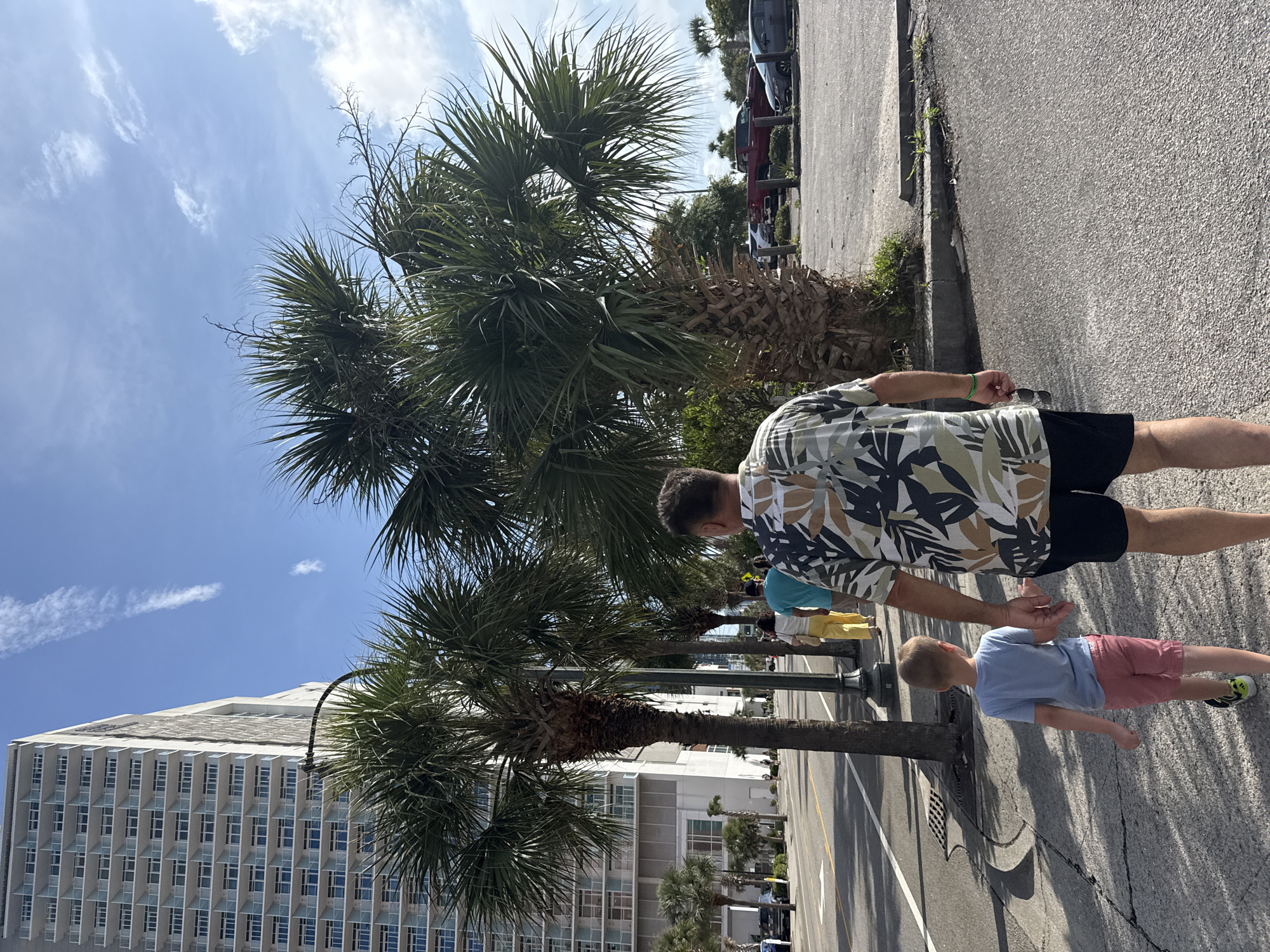 Sunny afternoon stroll along a palm-lined Myrtle Beach hotel strip