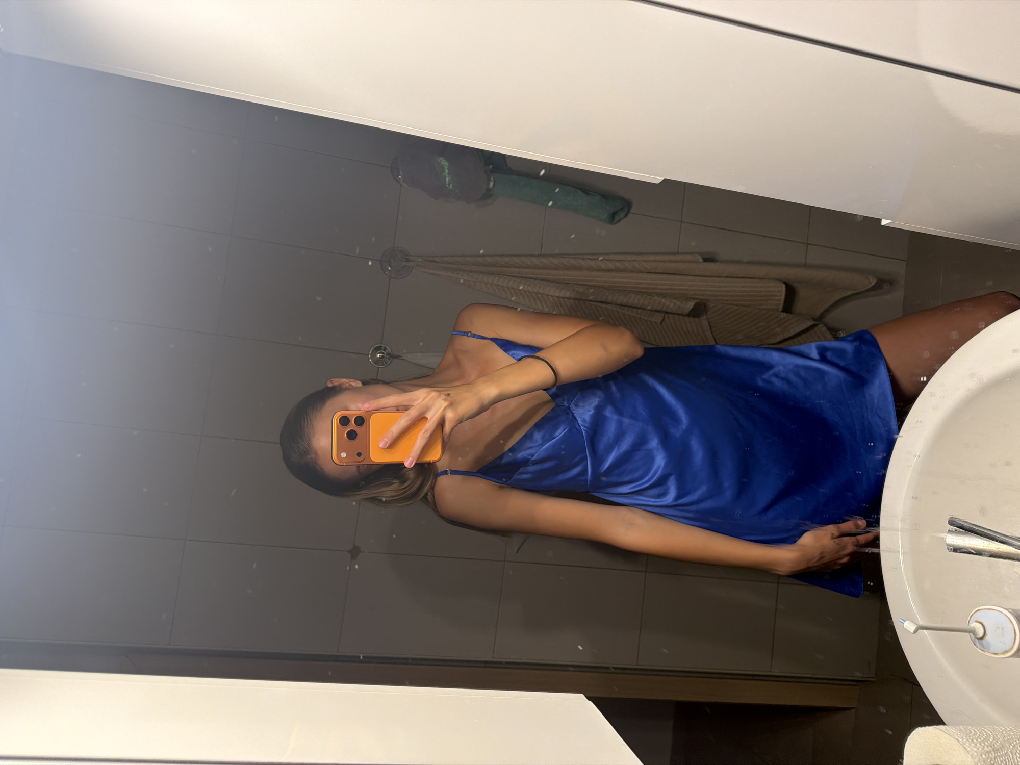 Mirror selfies in blue satin, bathroom and bedroom.