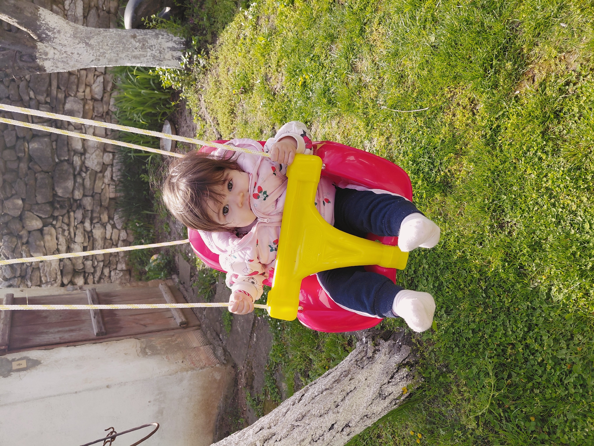 Child plays on swing set in Samovodene, Bulgaria