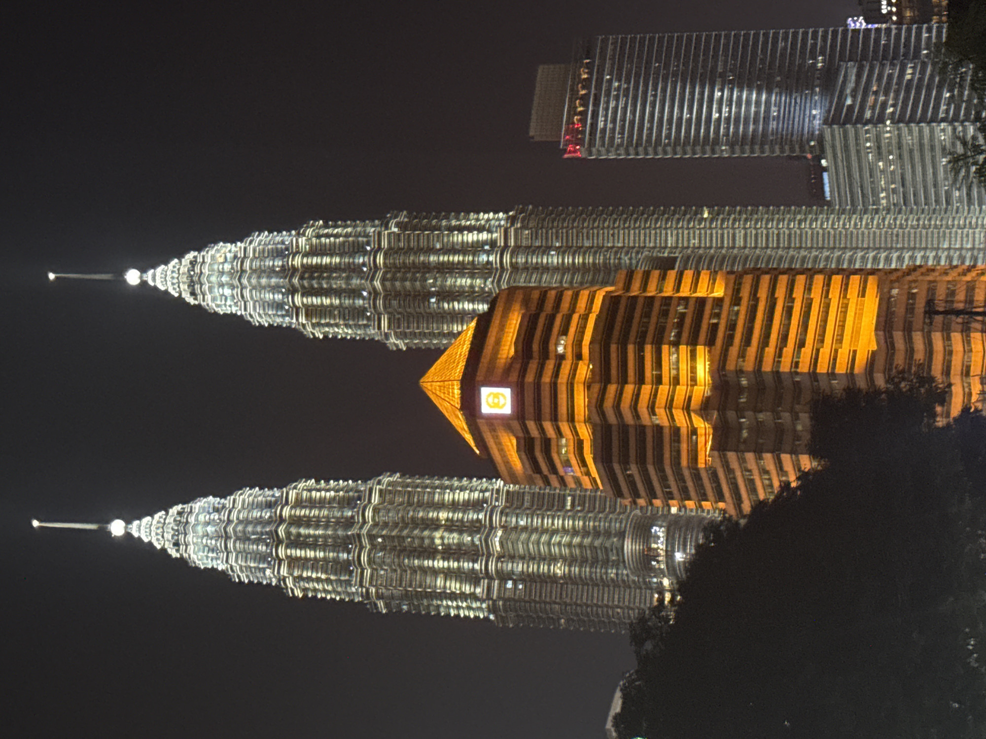 Tourists photograph illuminated Petronas Towers during evening visit