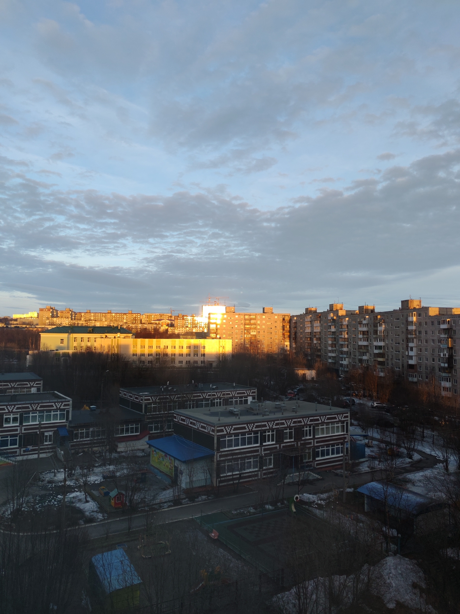 Dusk cityscape captured in Murmansk showing distinctive local architecture