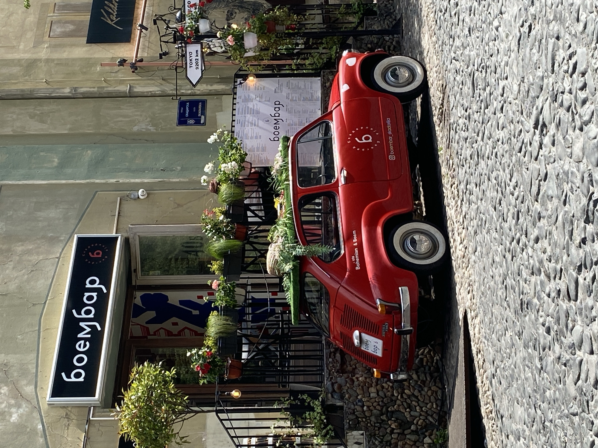Flower-decorated vintage car spotted outside Belgrade's Skadarlija district bar