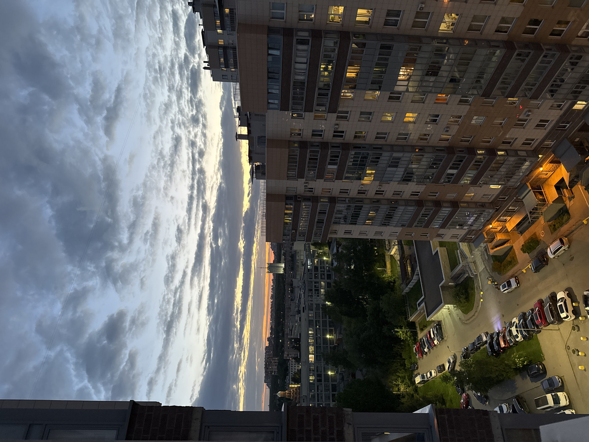 Urban twilight scene captured from elevated vantage point