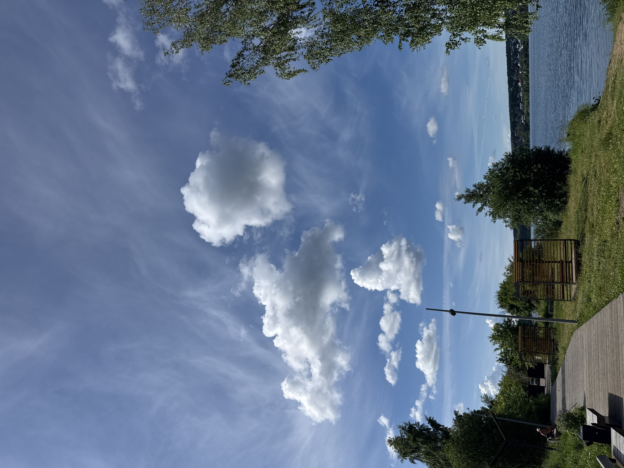 Sunny summer morning at a lakeside park in Lysva, Russia