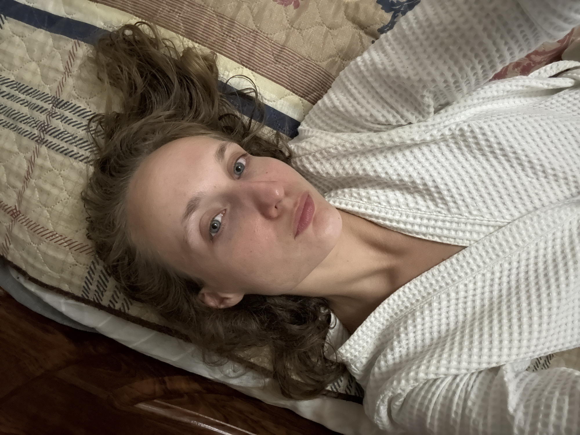Relaxed bedroom photoshoot in a white robe, Kuyeda