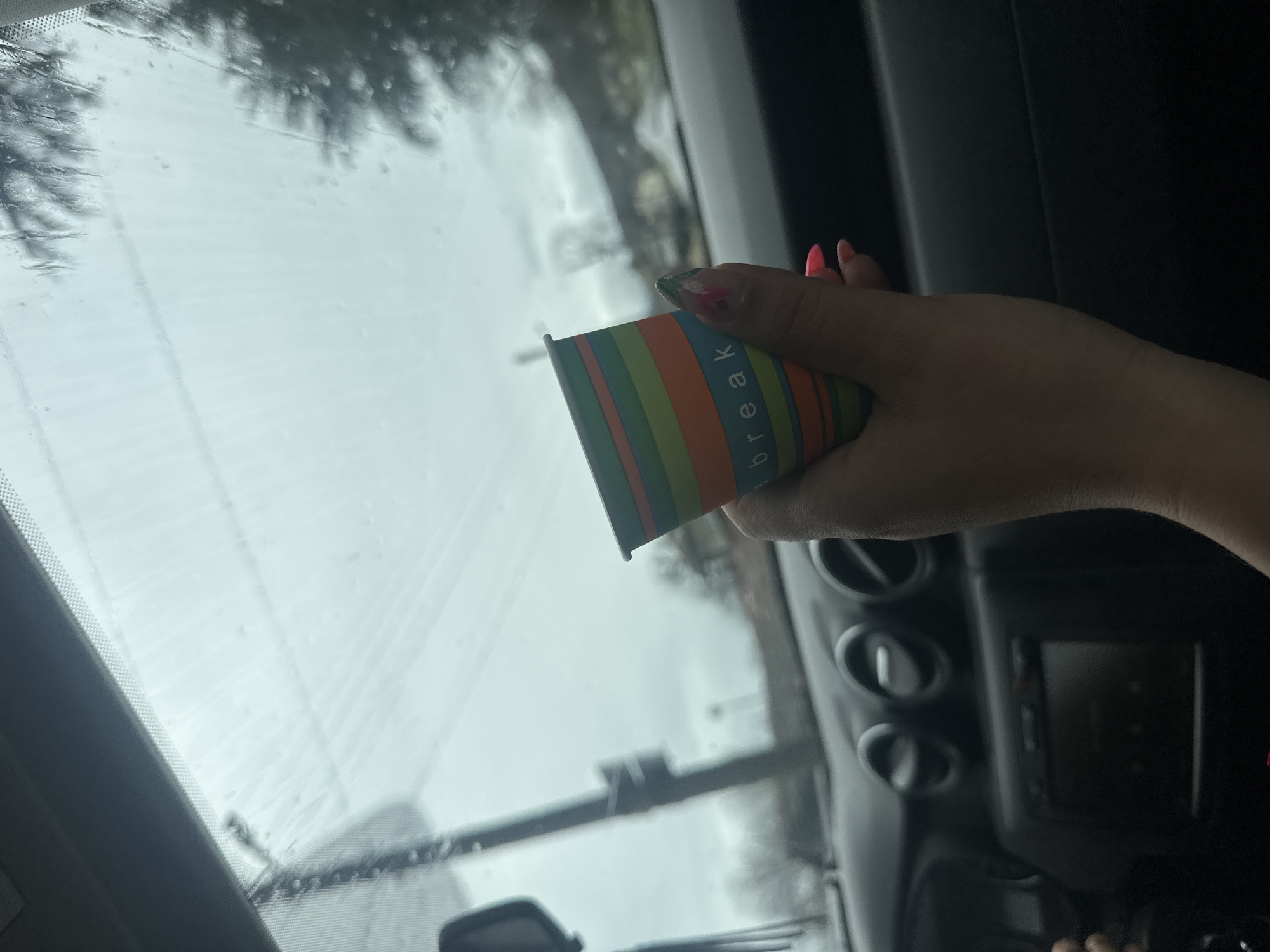 Tea break in car during rainy weather in Bulgaria