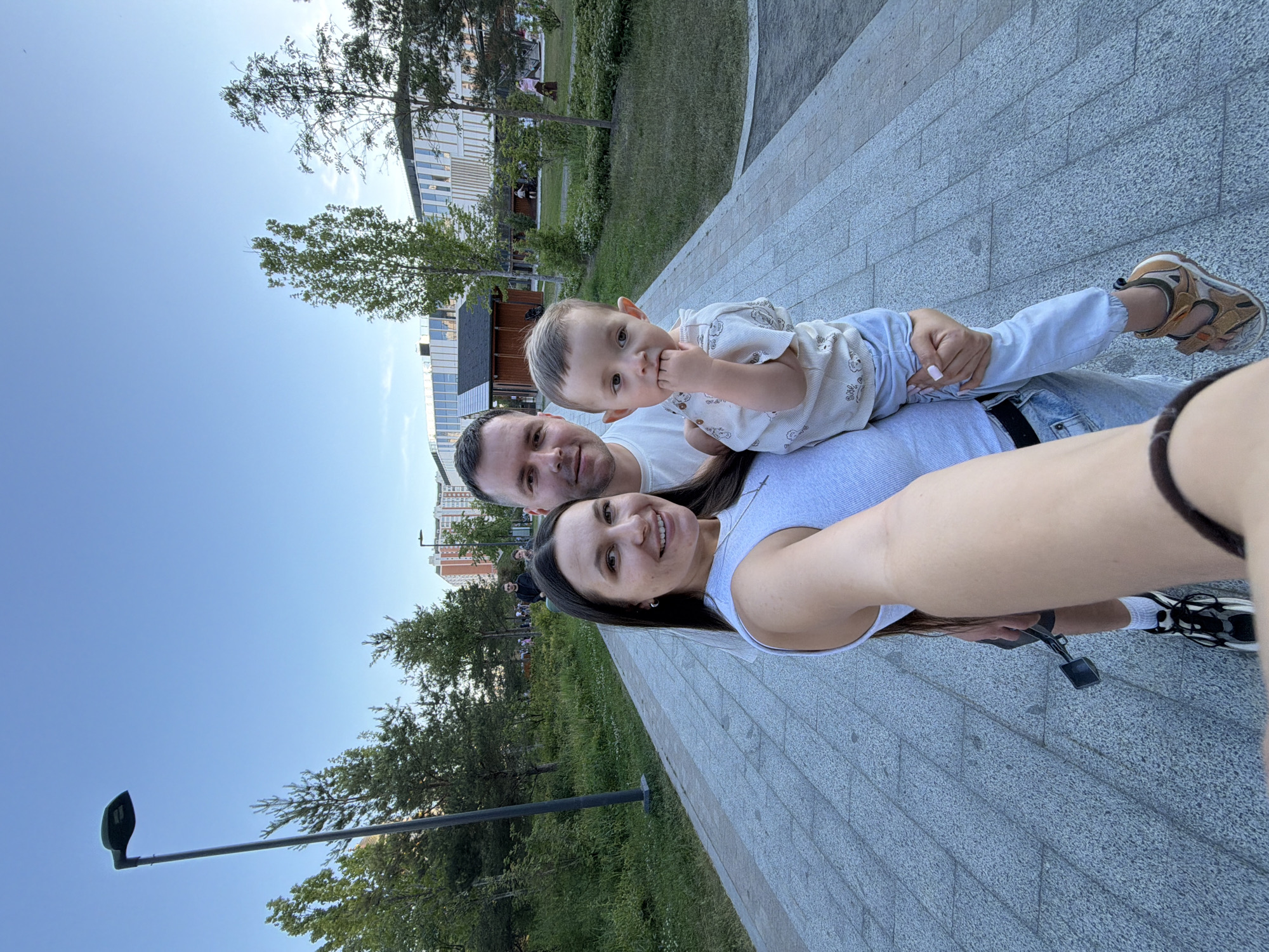 Family takes selfies in Moscow park