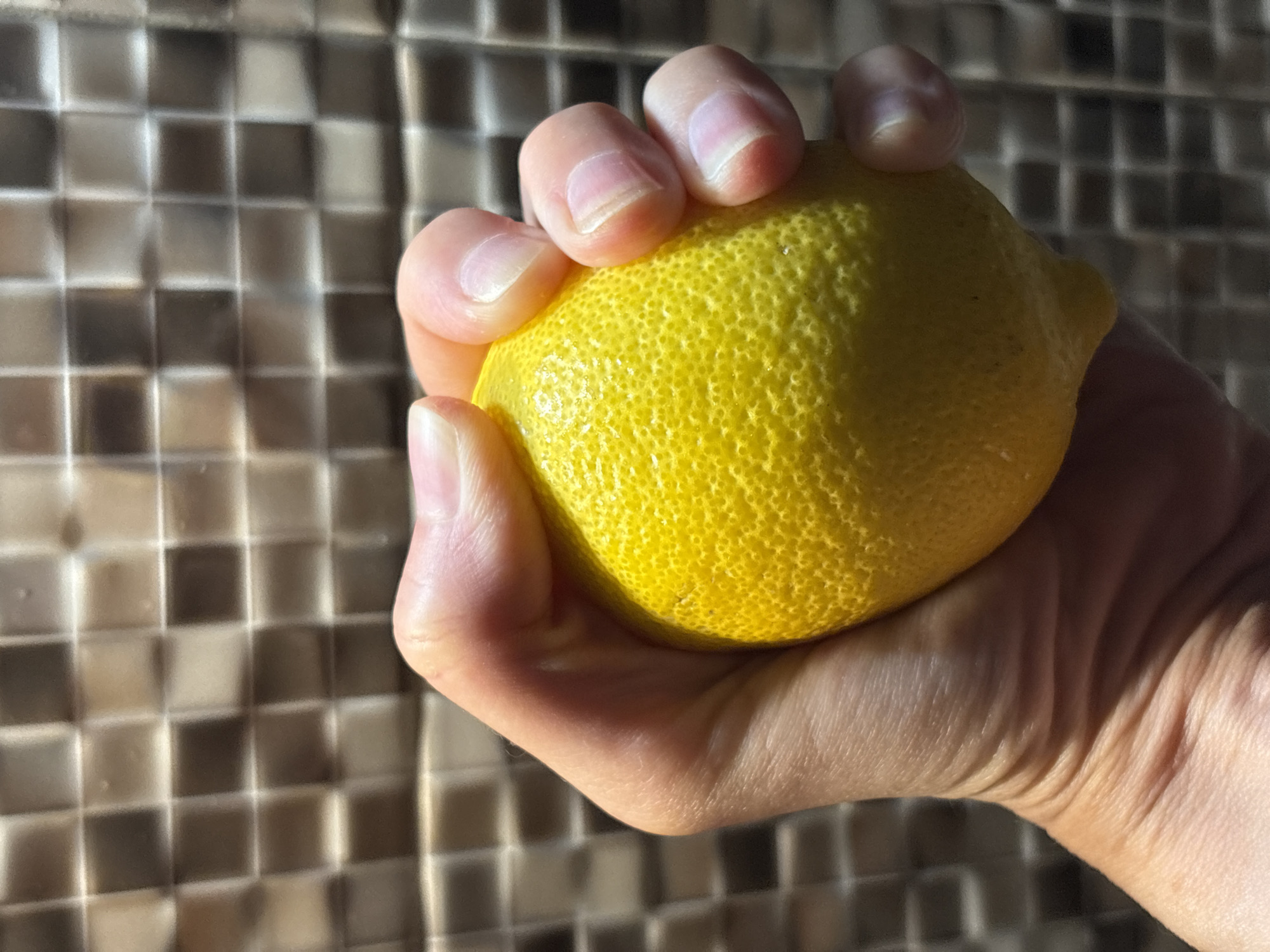 Lemon held up in Bar, Montenegro, tagged #Fruit