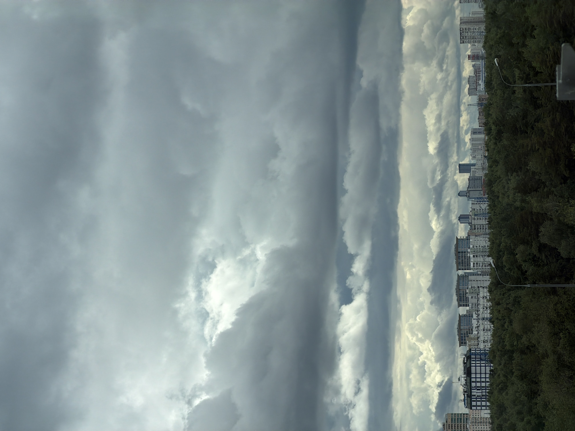 Storm clouds gathering over Moscow's tree-lined skyline
