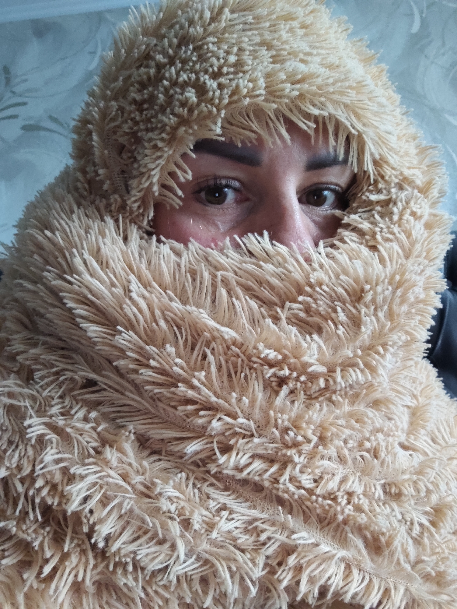 Bedroom selfie session with a small dog in Almaty