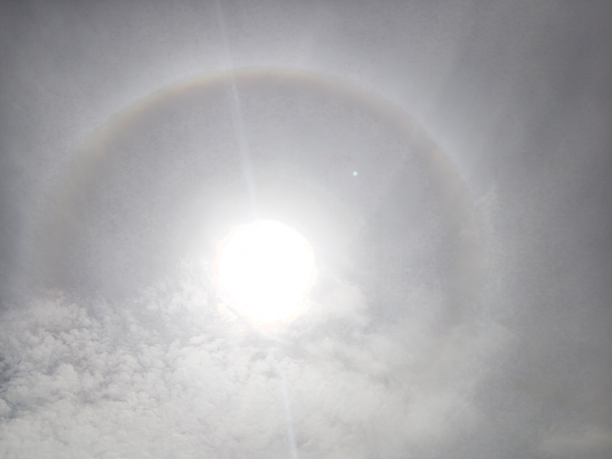 Sun halo creates rainbow ring in cloudy sky