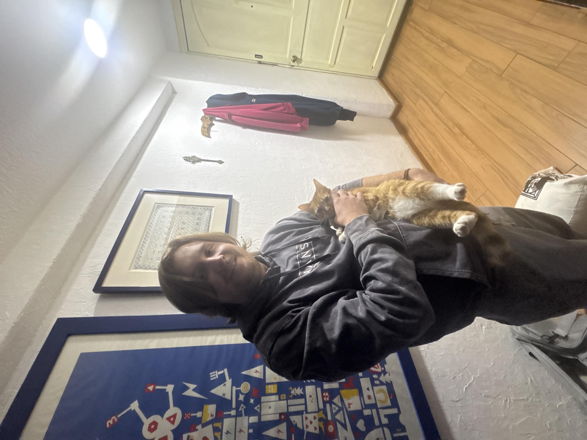 Person photographed with cat, later in elevator in Mexico City