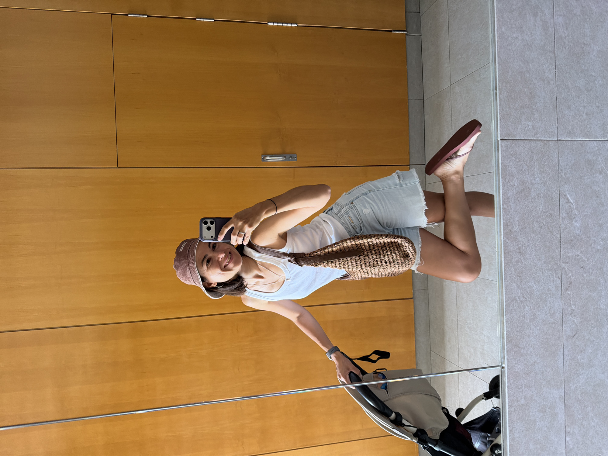 Mirror selfies in a tiled room, summer outfit, Valencia suburbs