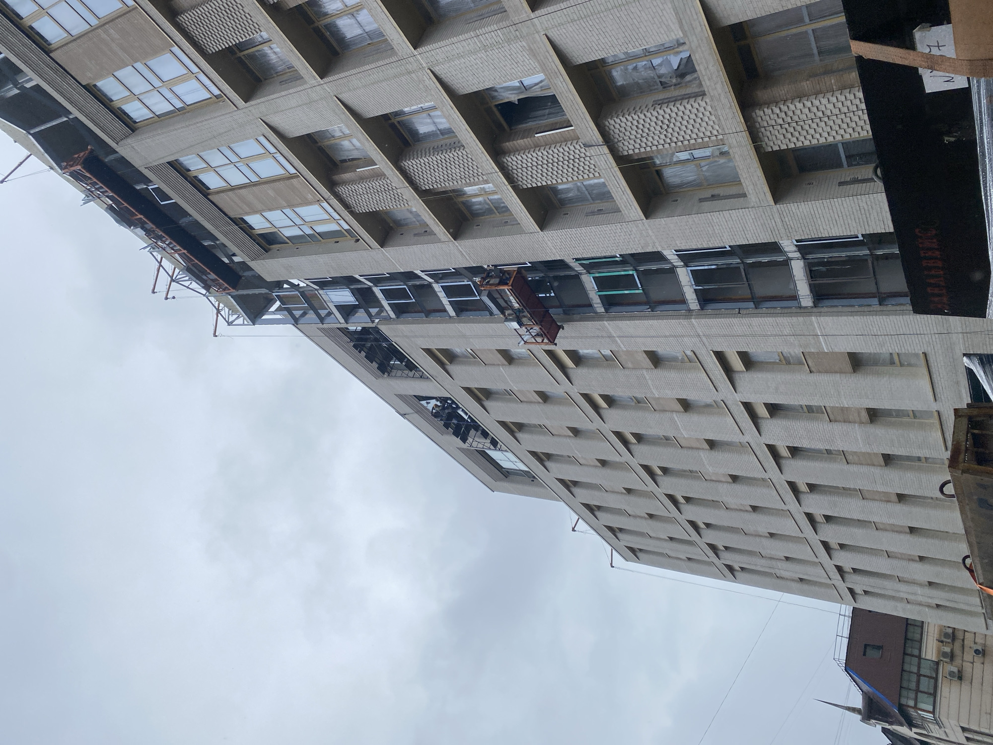Construction underway on a brick building in Perm, Russia.
